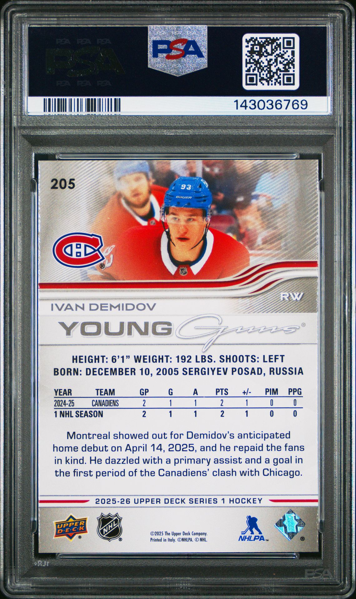 2025 Upper Deck Ivan Demidov #205 Gem Mt 10 back