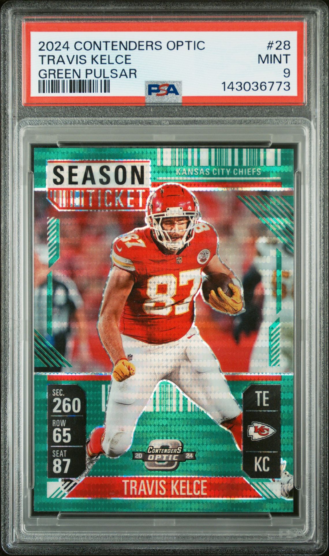 2024 Panini Contenders Optic Travis Kelce #28 (Green Pulsar) Mint 9 front