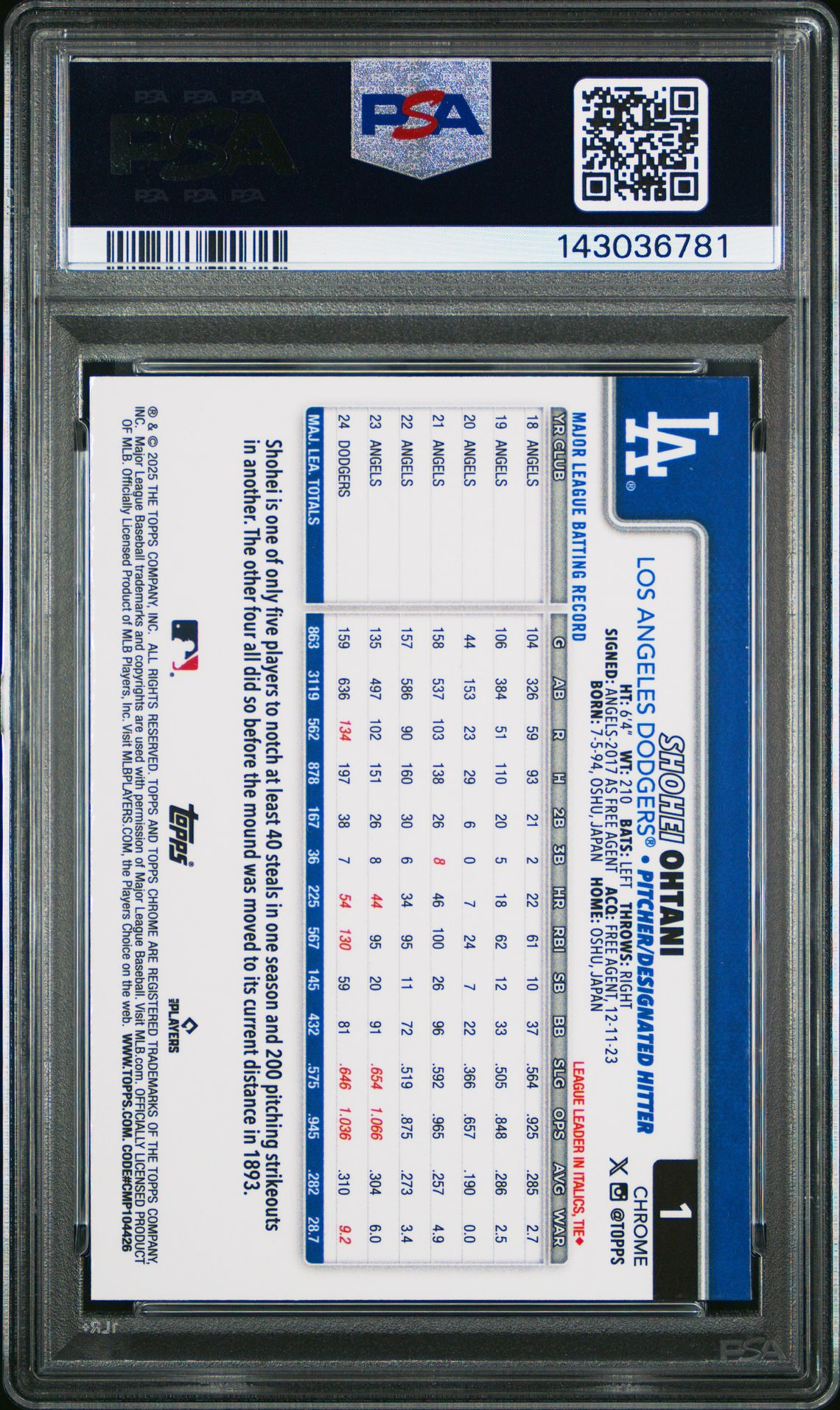 2025 Topps Chrome Shohei Ohtani #1 Gem Mt 10 back