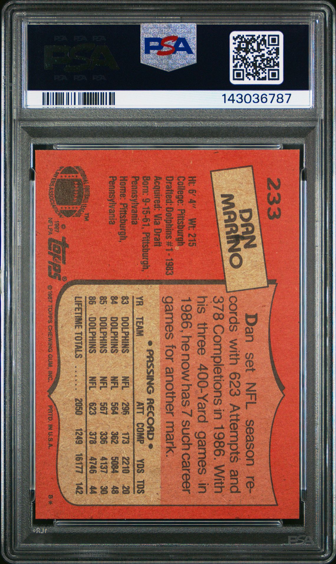 1987 Topps Dan Marino #233 Ex-Mt 6 back