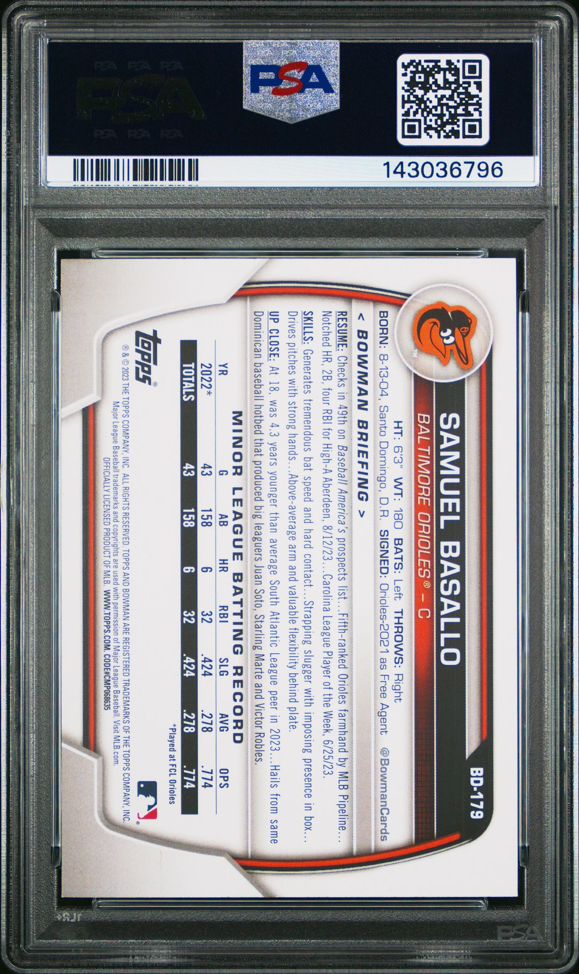 2023 Bowman Draft Samuel Basallo #Bd179 (Sky Blue) Mint 9 back