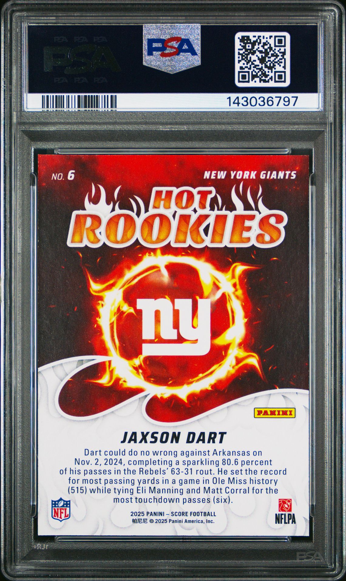 2025 Panini Score Hot Rookies Jaxson Dart #6 Mint 9 back