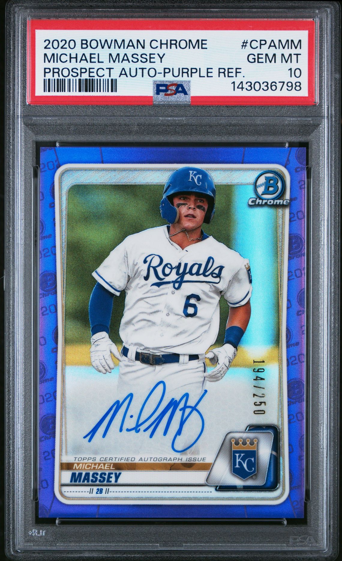 2020 Bowman Chrome Prospect Autographs Michael Massey #Cpamm (Prospect Auto-Purple Ref.) Gem Mt 10 front
