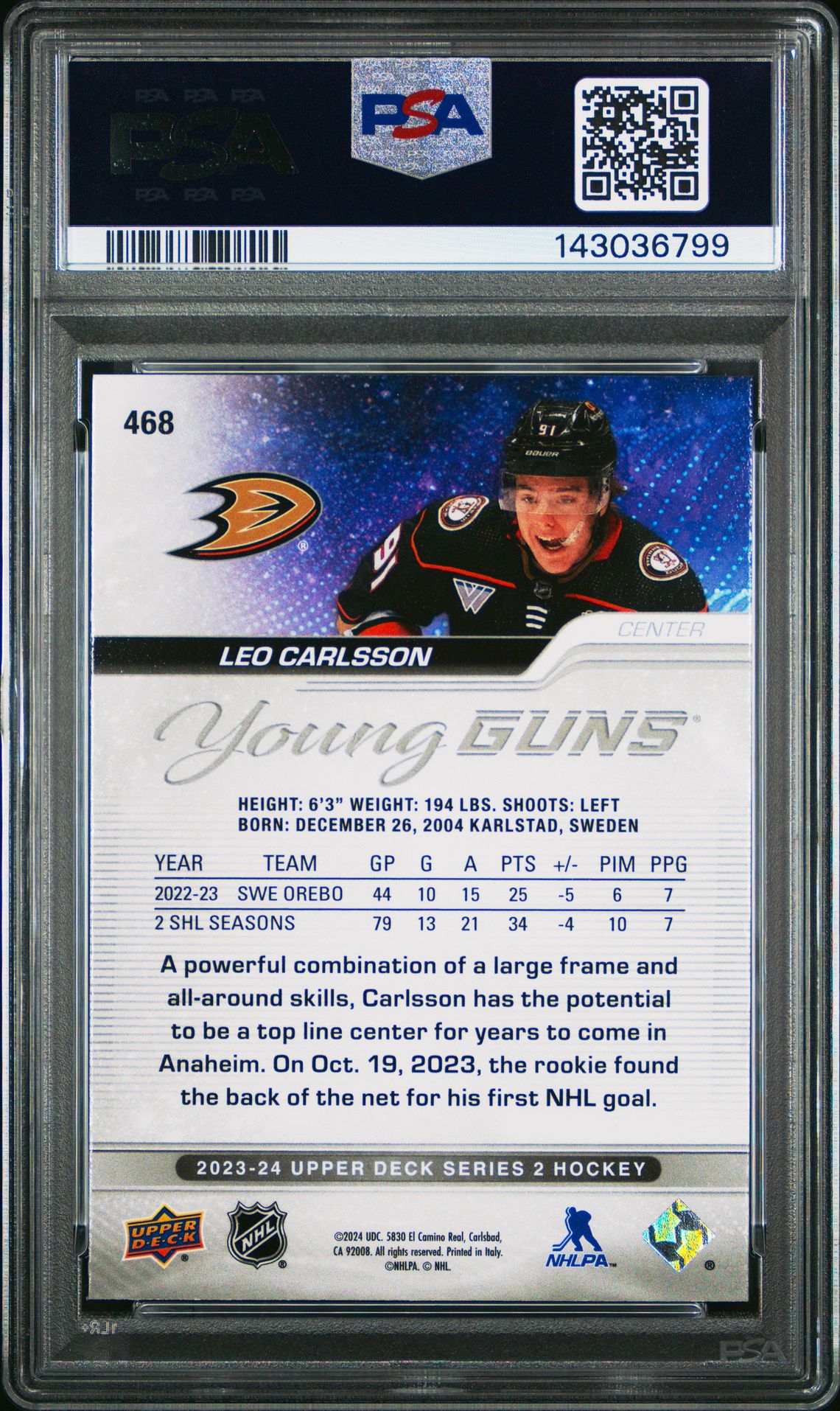 2023 Upper Deck Leo Carlsson #468 Gem Mt 10 back