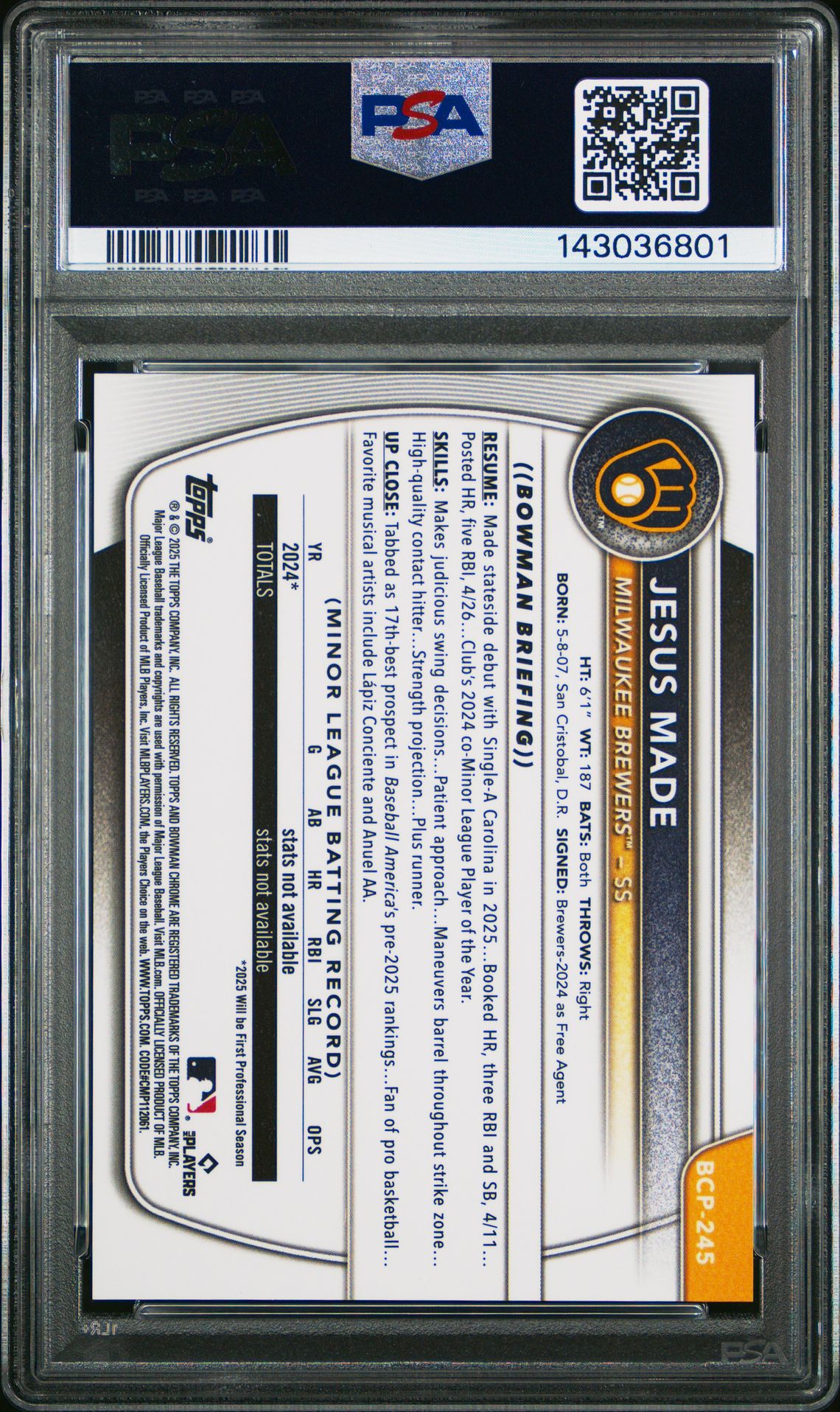 2025 Bowman Chrome Prospects Jesus Made #Bcp245 (Prospects-Gold Shimmer) Gem Mt 10 back