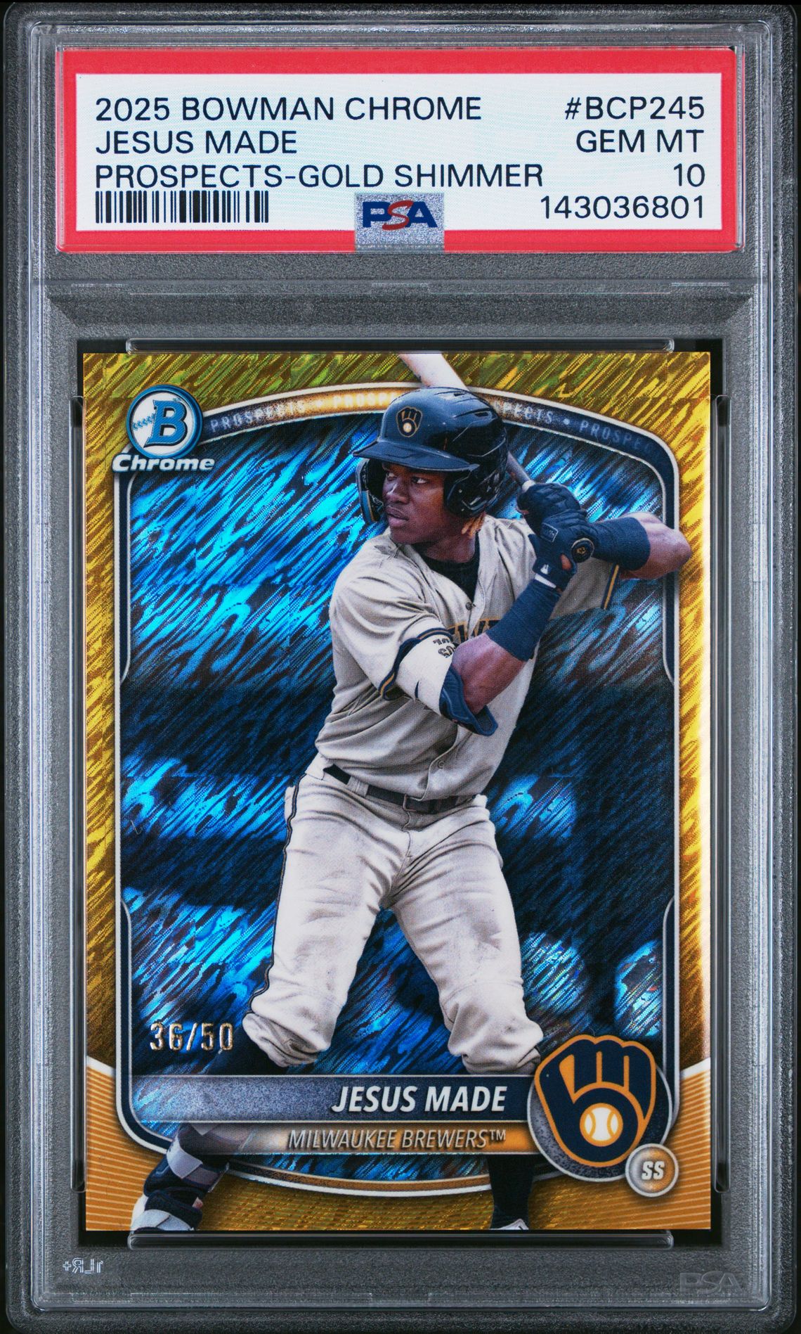 2025 Bowman Chrome Prospects Jesus Made #Bcp245 (Prospects-Gold Shimmer) Gem Mt 10 front