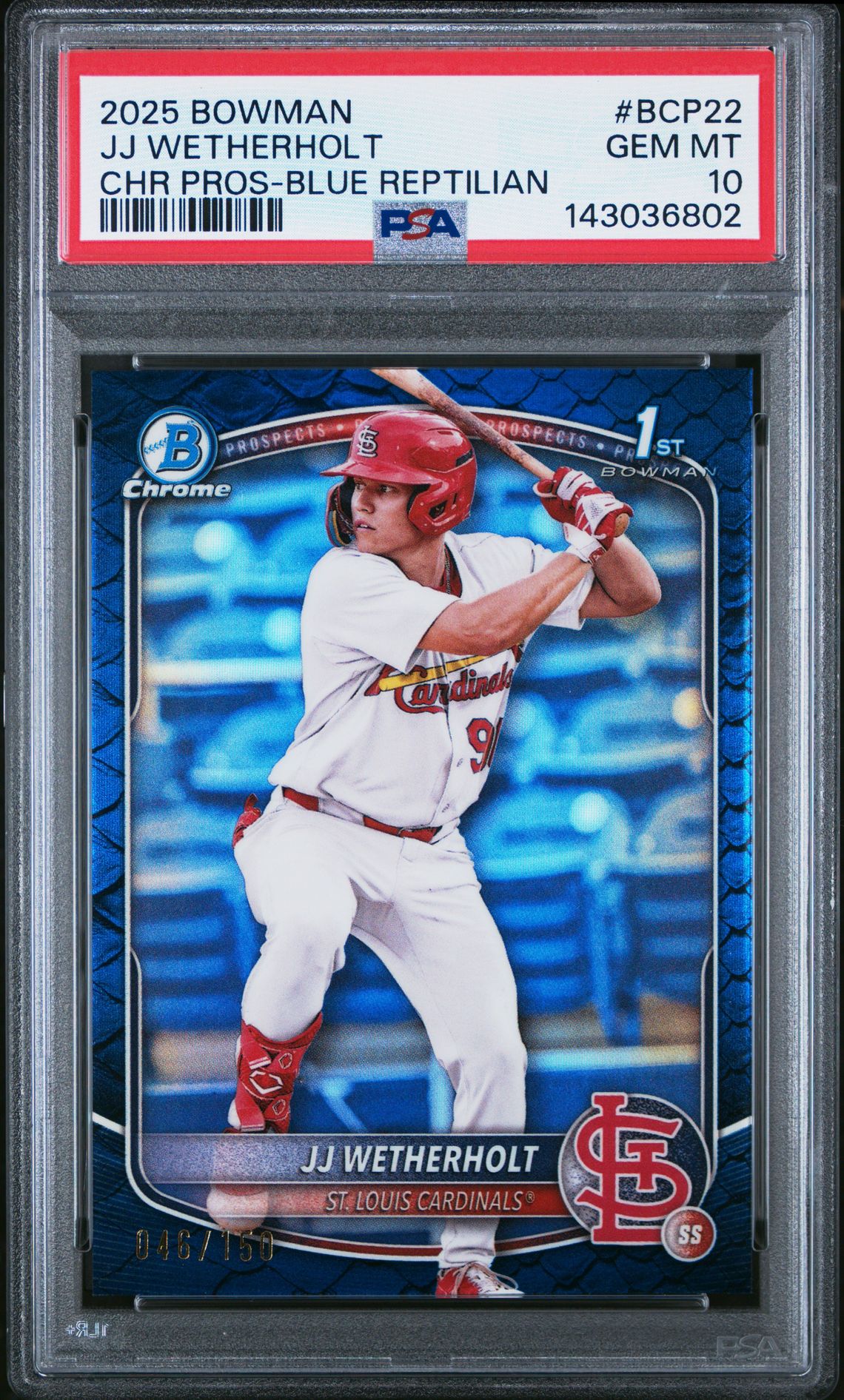 2025 Bowman Chrome Prospects Jj Wetherholt #Bcp22 (Chr Pros-Blue Reptilian) Gem Mt 10 front