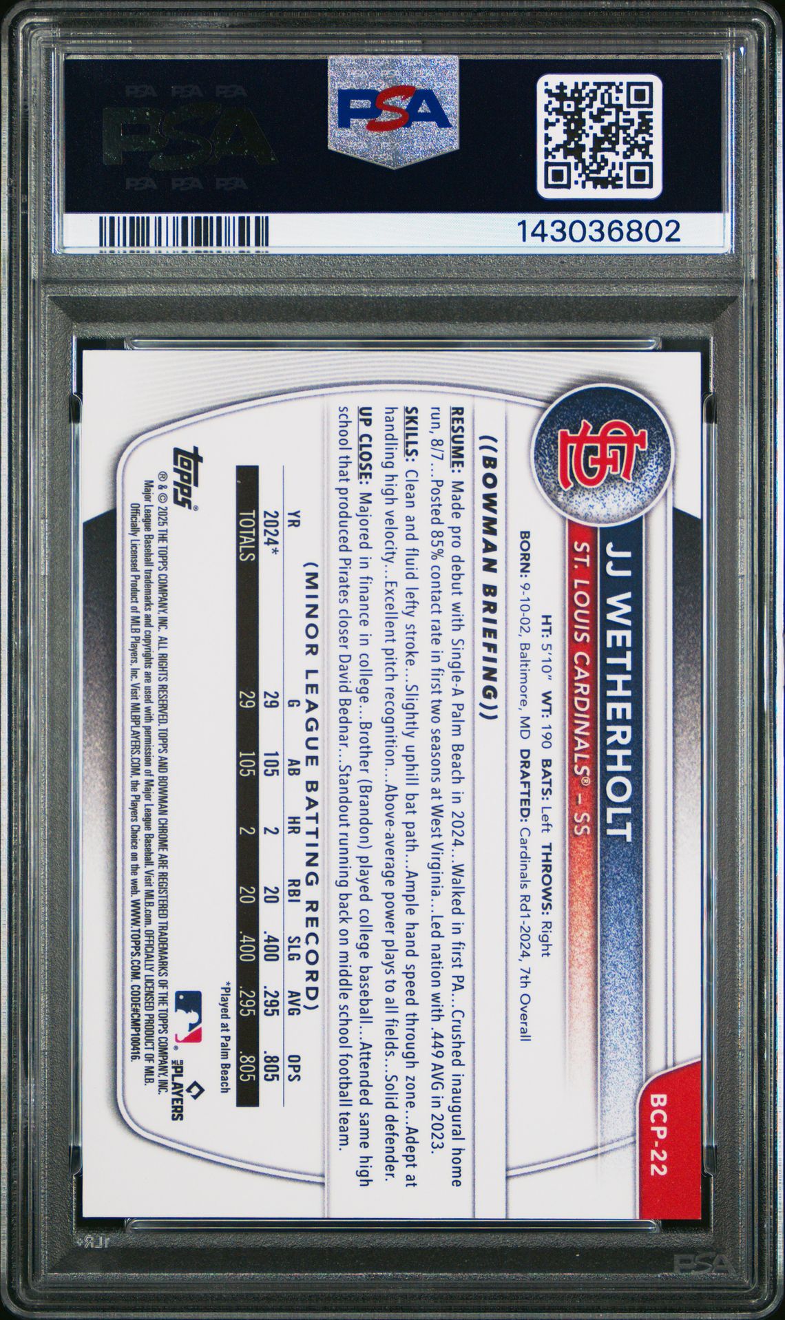 2025 Bowman Chrome Prospects Jj Wetherholt #Bcp22 (Chr Pros-Blue Reptilian) Gem Mt 10 back