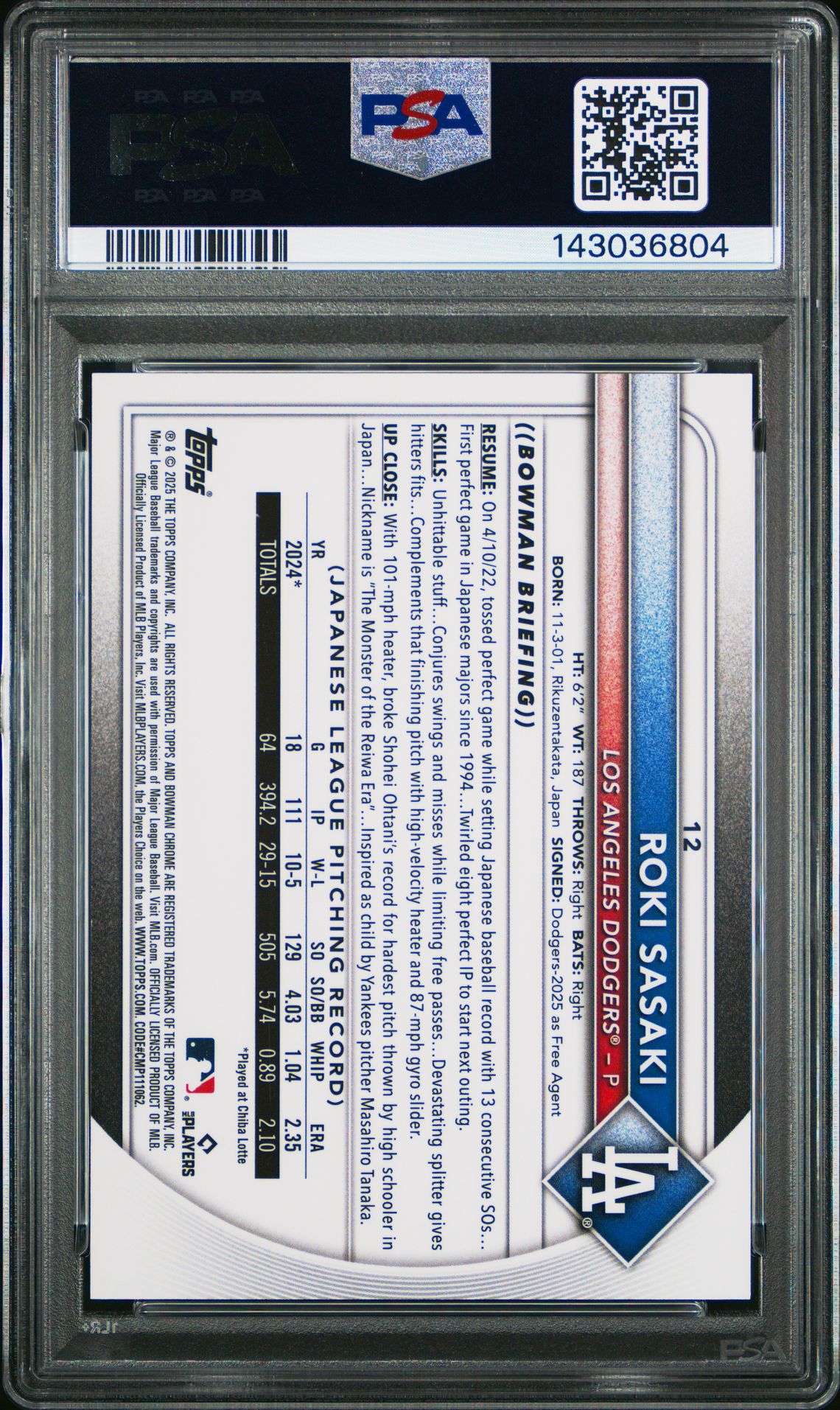 2025 Bowman Chrome Mega Box Roki Sasaki #12 (Image Variation) Gem Mt 10 back