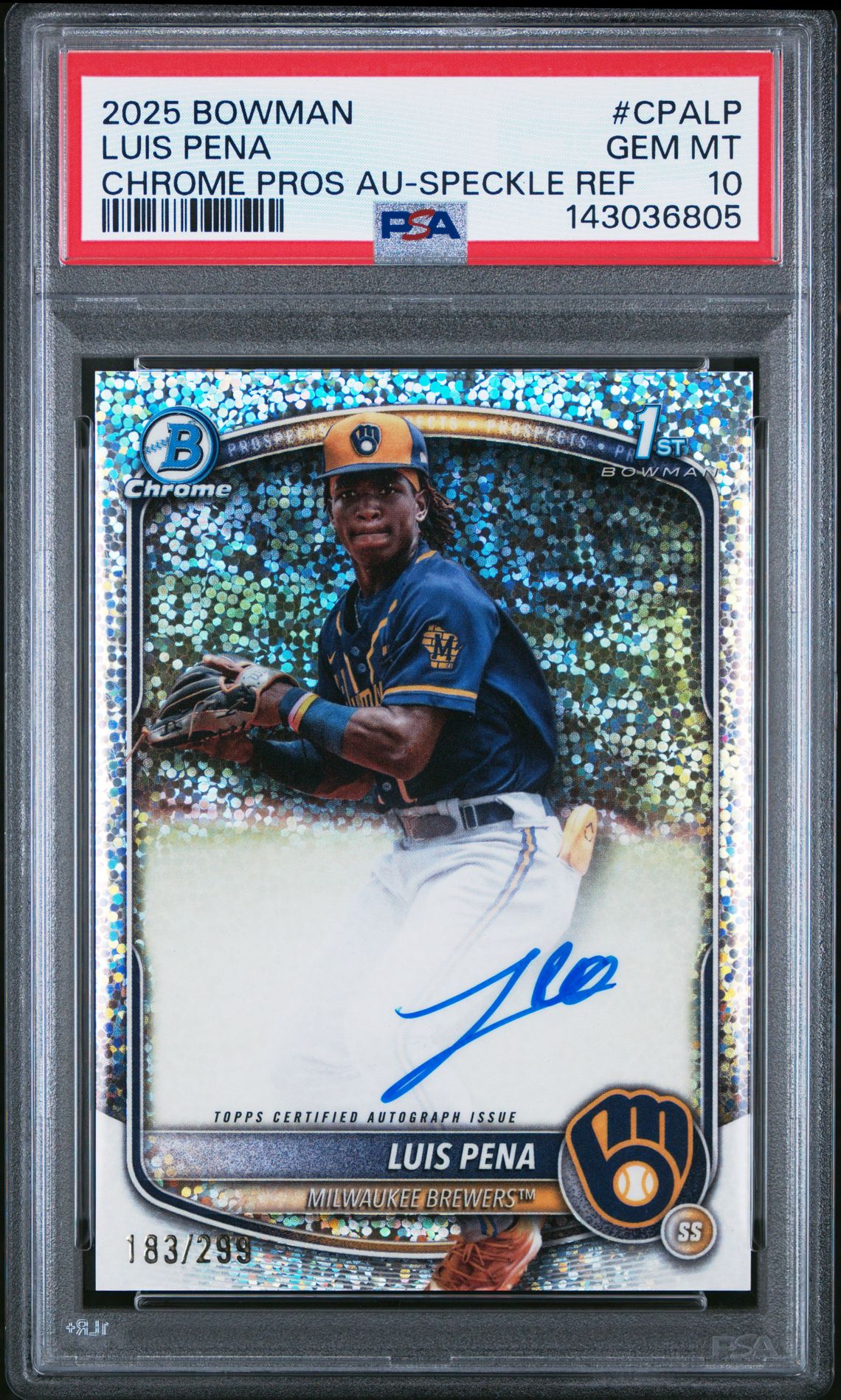 2025 Bowman Chrome Prospect Autographs Luis Pena #Cpalp (Chrome Pros Au-Speckle Ref) Gem Mt 10 front