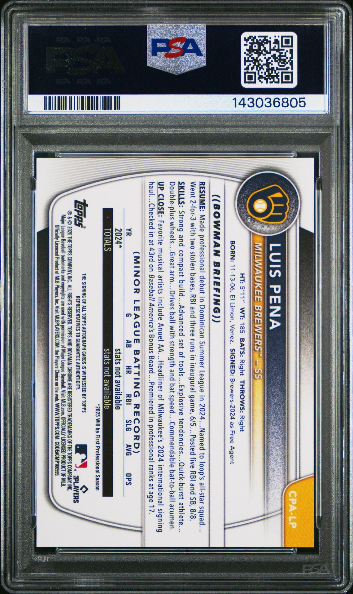 2025 Bowman Chrome Prospect Autographs Luis Pena #Cpalp (Chrome Pros Au-Speckle Ref) Gem Mt 10 back