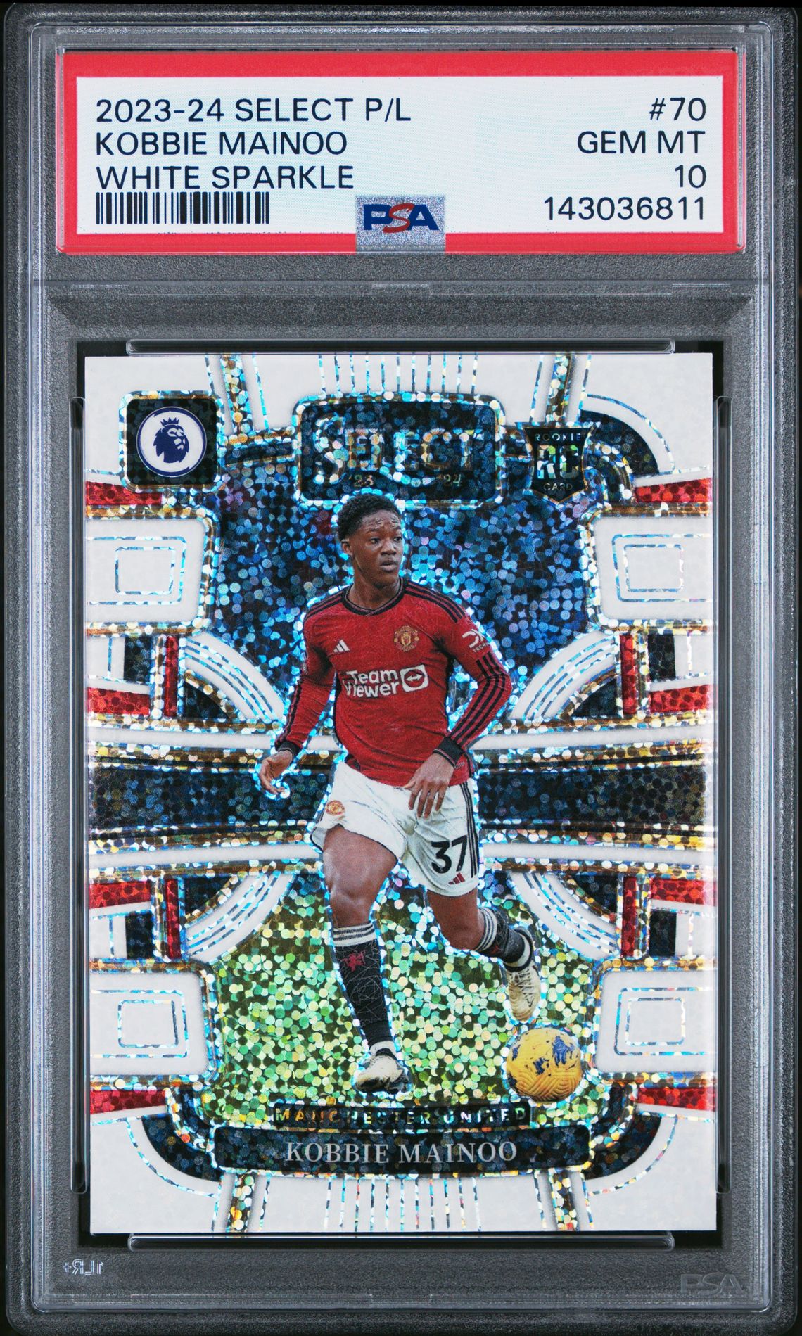 2023-24 Panini Select Premier League Kobbie Mainoo #70 (White Sparkle) Gem Mt 10 front