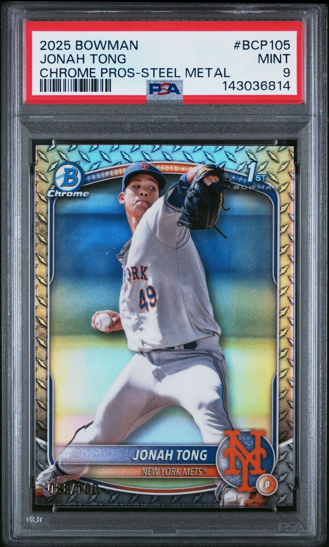 2025 Bowman Chrome Prospects Jonah Tong #Bcp105 (Chrome Pros-Steel Metal) Mint 9 front