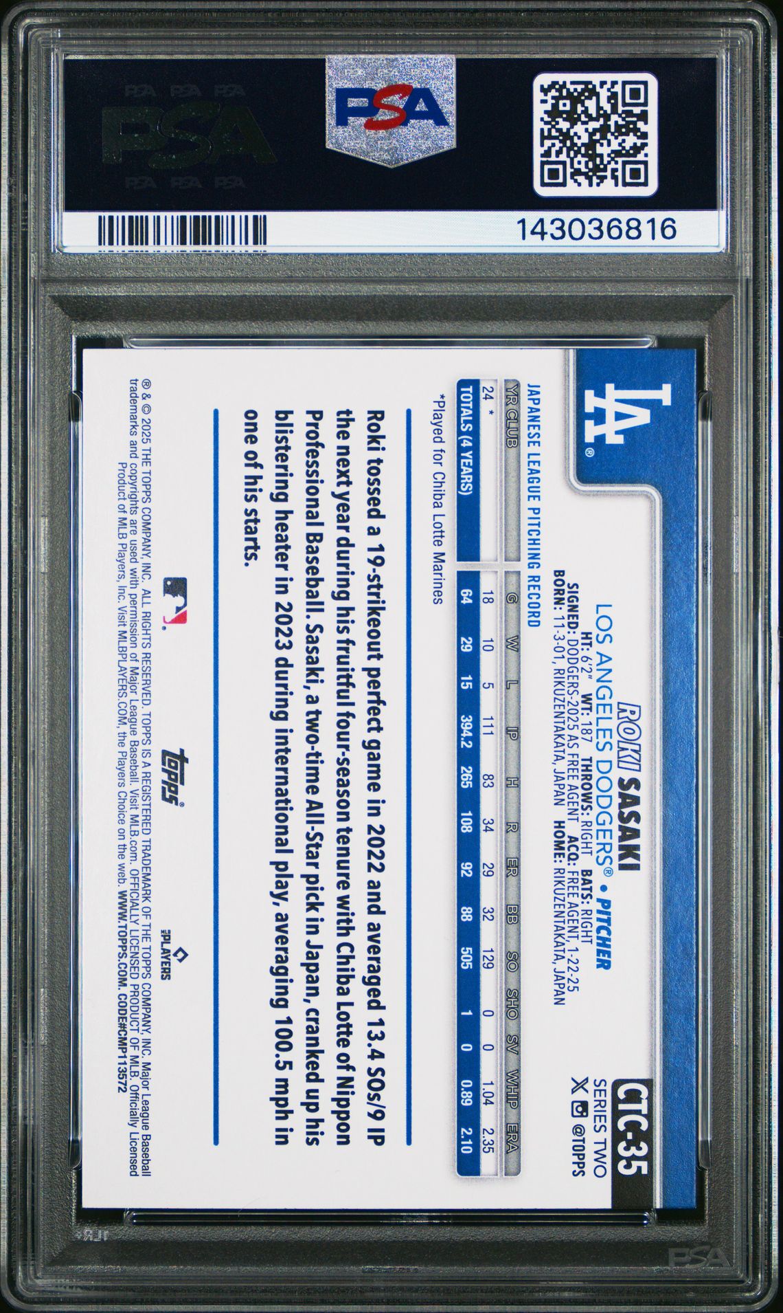 2025 Topps Flagship Collection Companion Roki Sasaki #Ctc35 (Companion) Mint 9 back