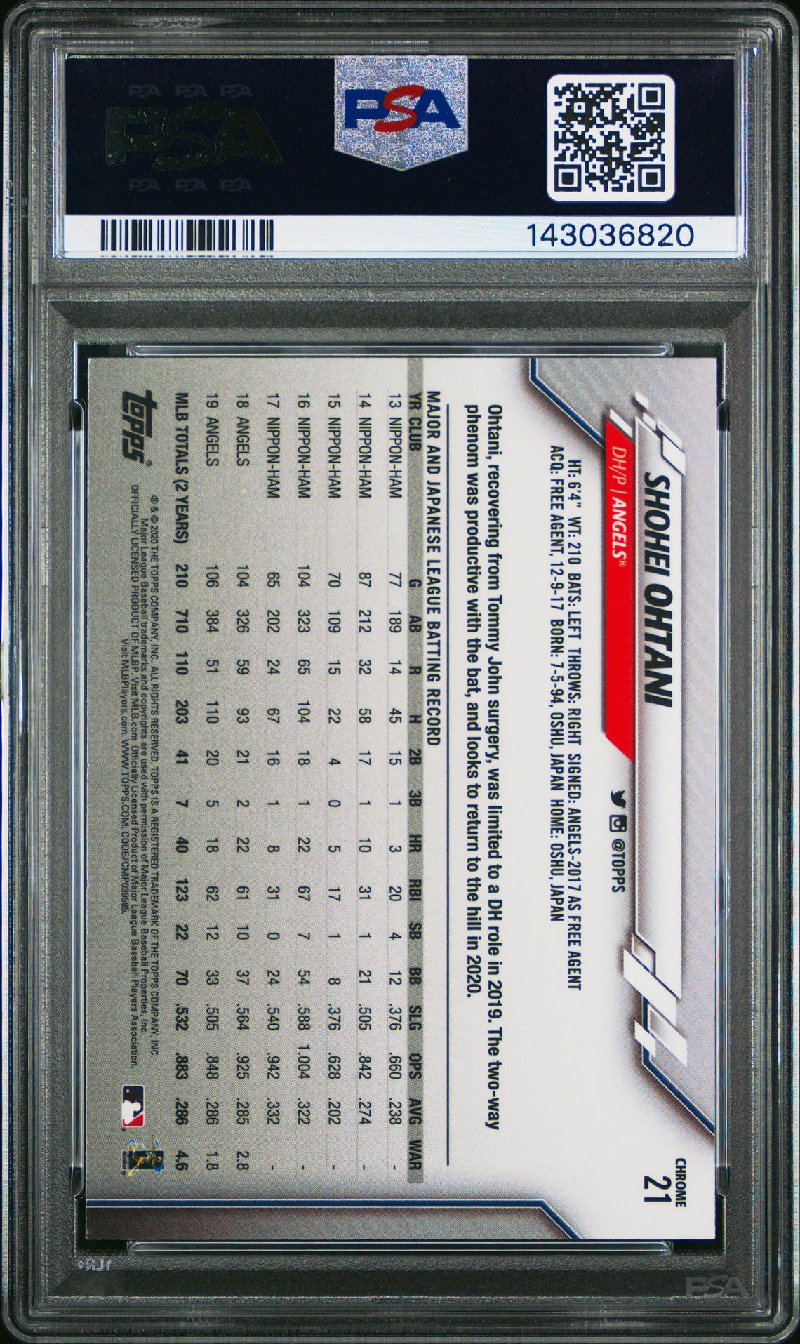 2020 Topps Chrome Shohei Ohtani #21 Gem Mt 10 back