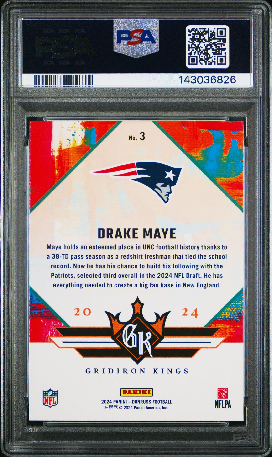 2024 Panini Donruss Rookie Gridiron Kings Drake Maye #3 Gem Mt 10 back
