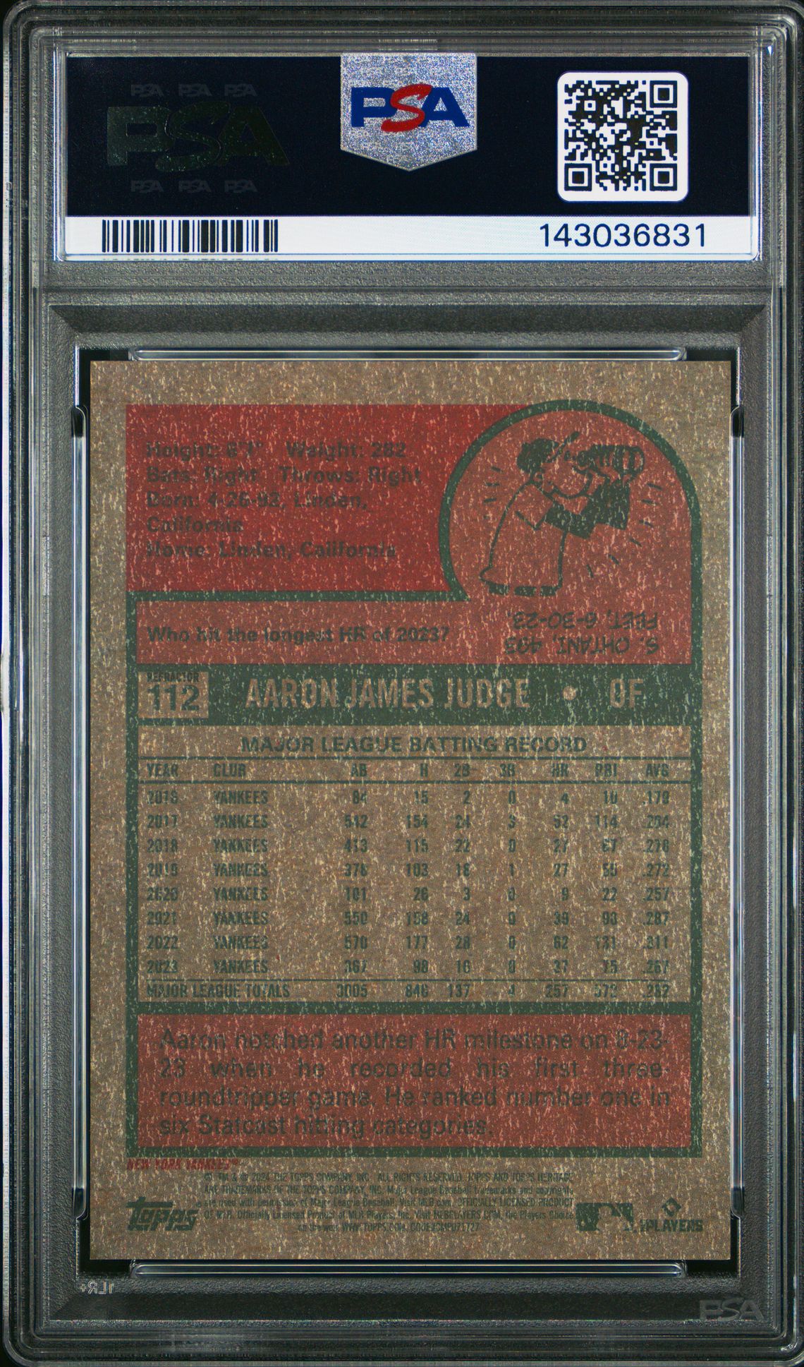 2024 Topps Heritage Aaron Judge #112 (Chrome-Refractor) Gem Mt 10 back