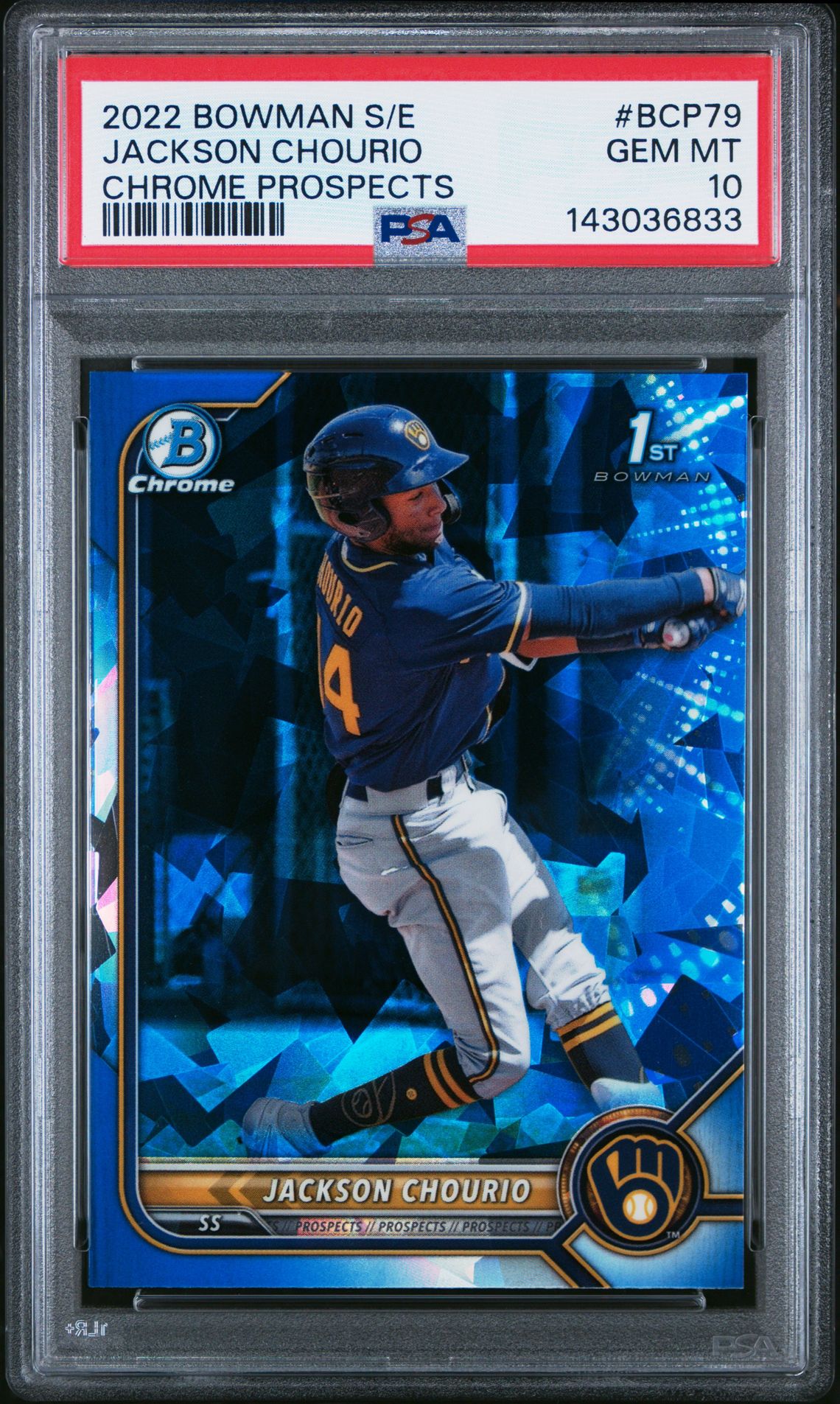 2022 Bowman Sapphire Edition Chrome Prospects Jackson Chourio #Bcp79 (Chrome Prospects) Gem Mt 10 front