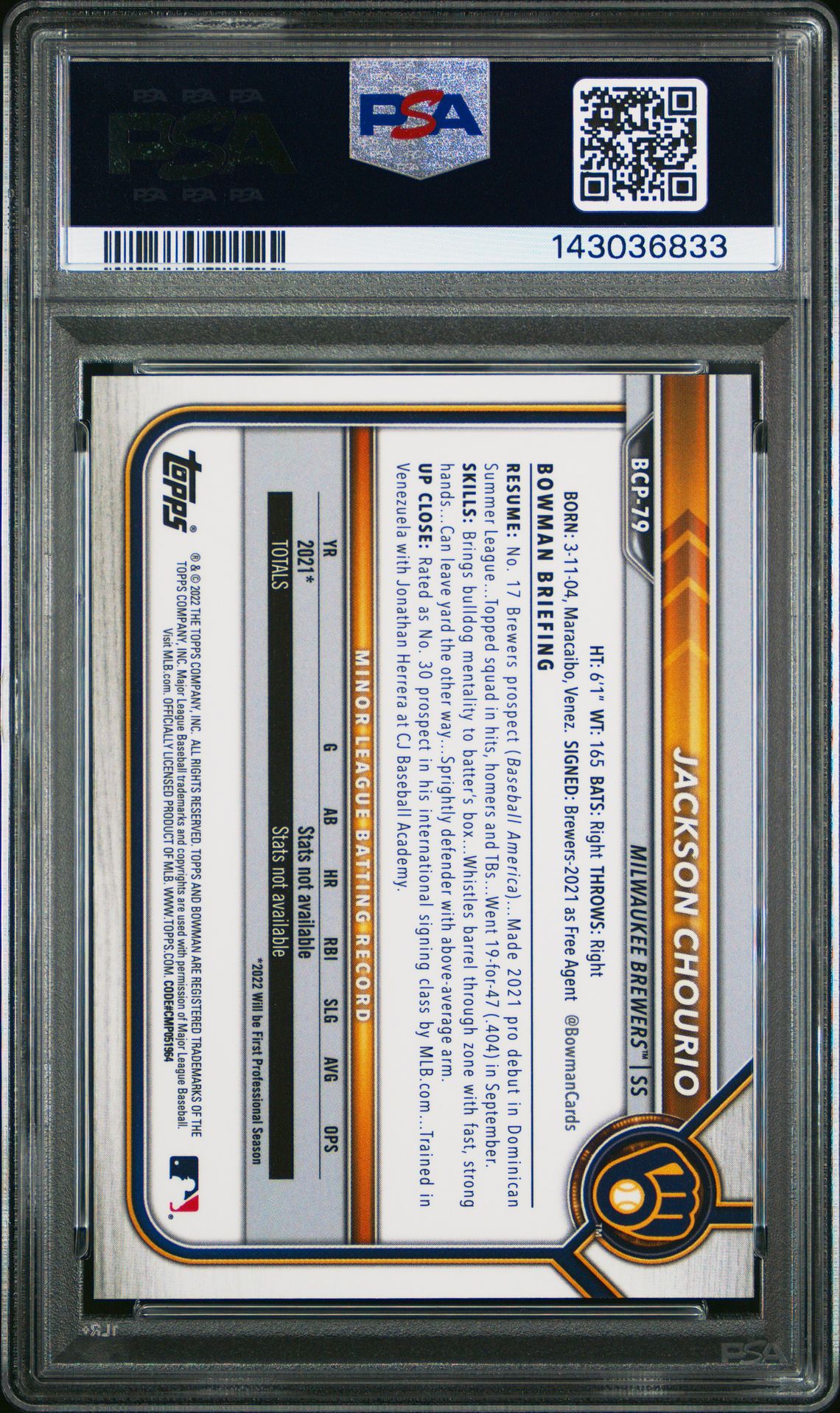 2022 Bowman Sapphire Edition Chrome Prospects Jackson Chourio #Bcp79 (Chrome Prospects) Gem Mt 10 back