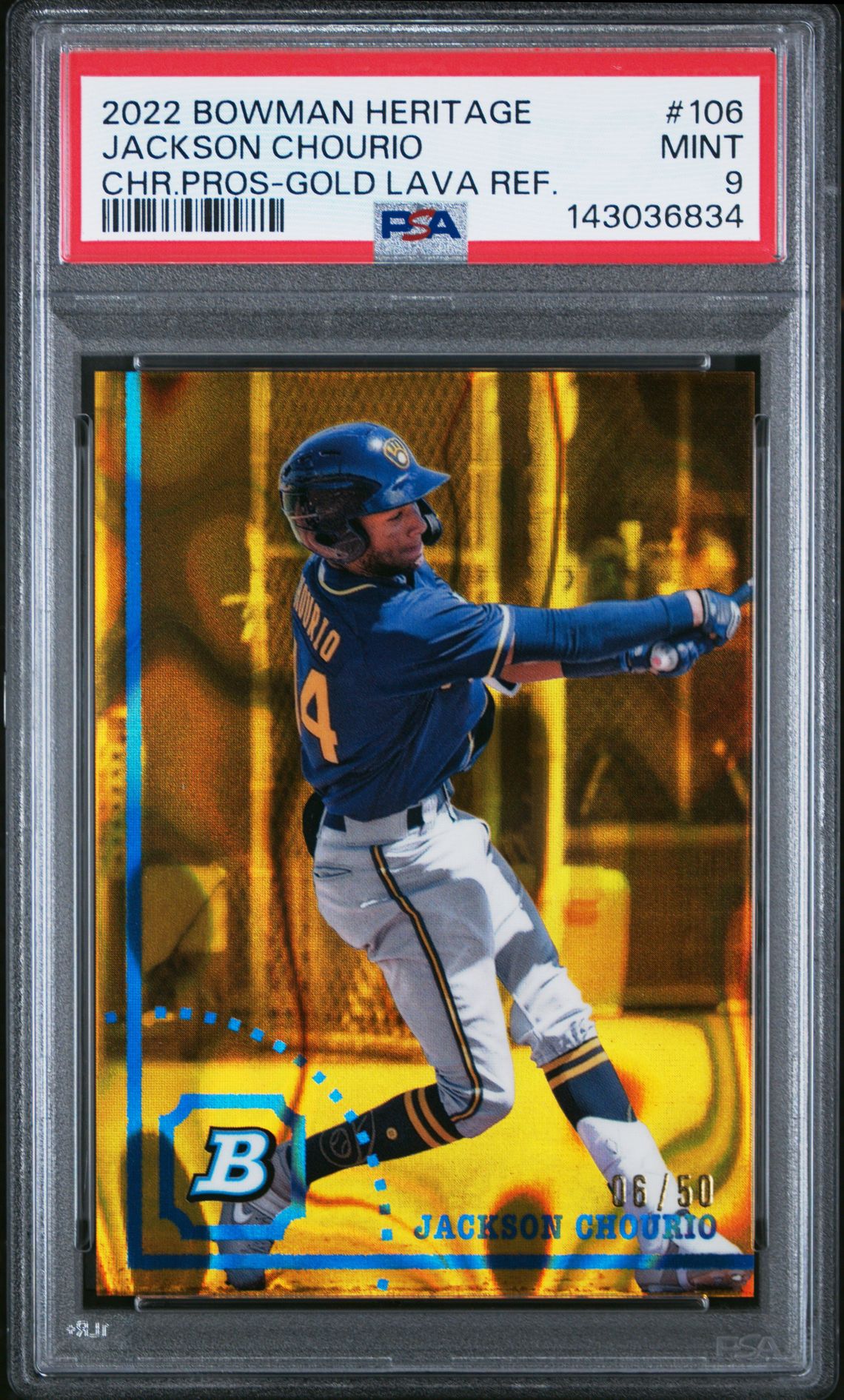 2022 Bowman Heritage Chrome Prospects Jackson Chourio #106 (Chr.pros-Gold Lava Ref.) Mint 9 front