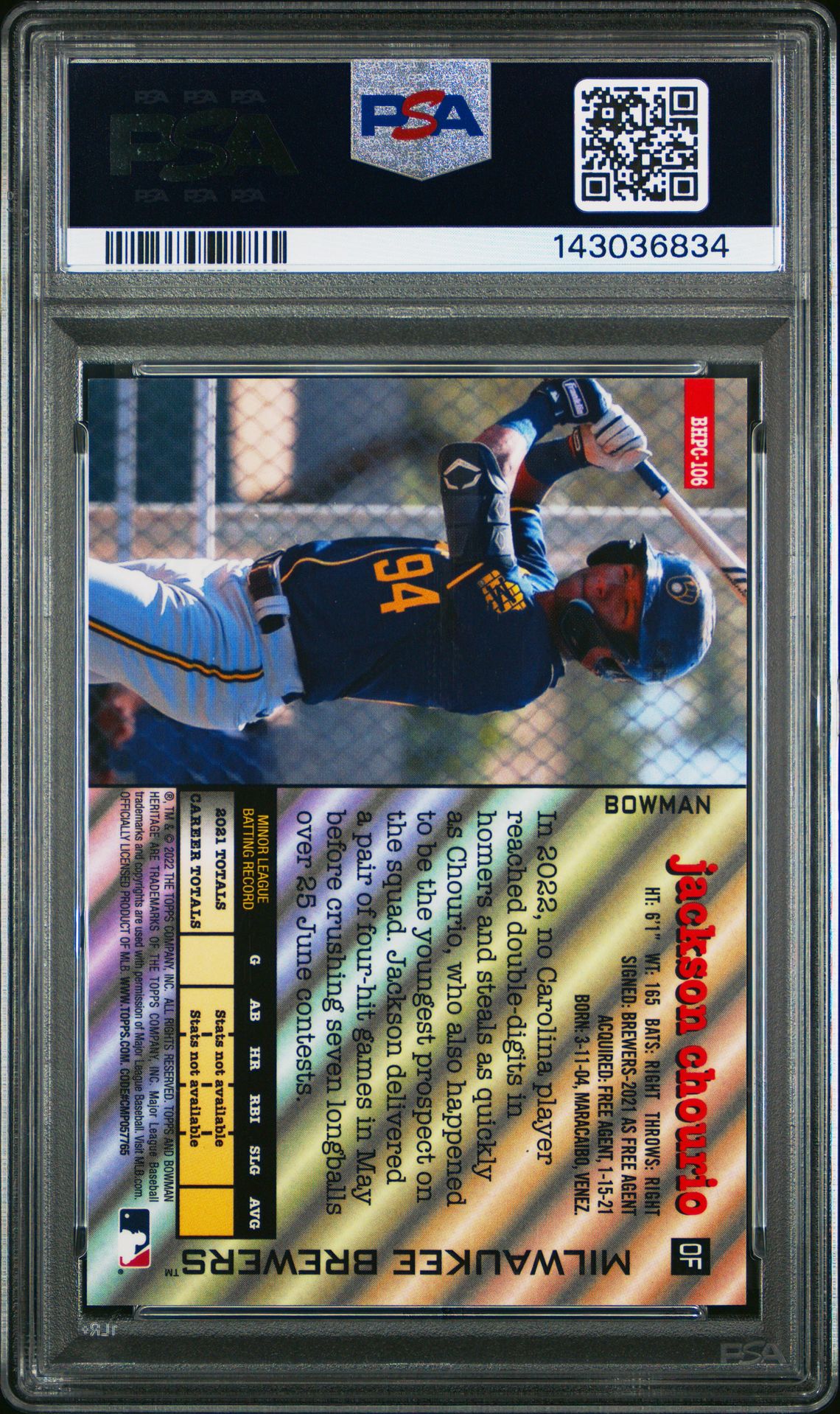 2022 Bowman Heritage Chrome Prospects Jackson Chourio #106 (Chr.pros-Gold Lava Ref.) Mint 9 back