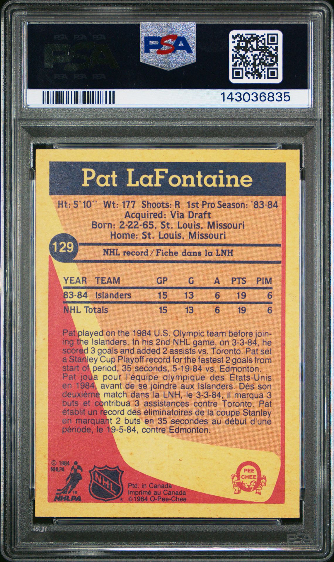 1984 O-Pee-Chee Pat Lafontaine #129 Nm 7 back
