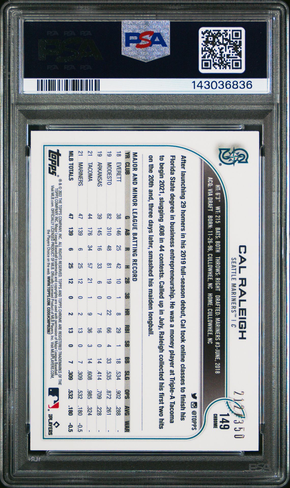 2022 Topps Chrome Cal Raleigh #149 (Magenta Speckle Ref.) Gem Mt 10 back