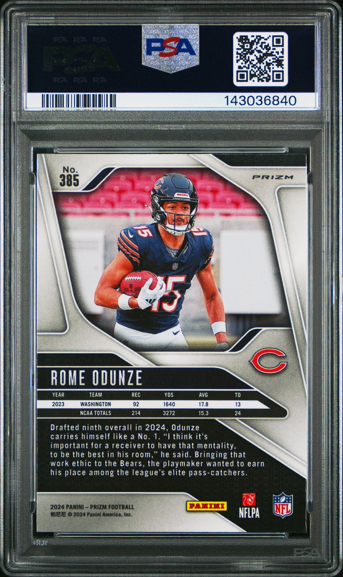 2024 Panini Prizm Rome Odunze #385 (Green Wave) Gem Mt 10 back