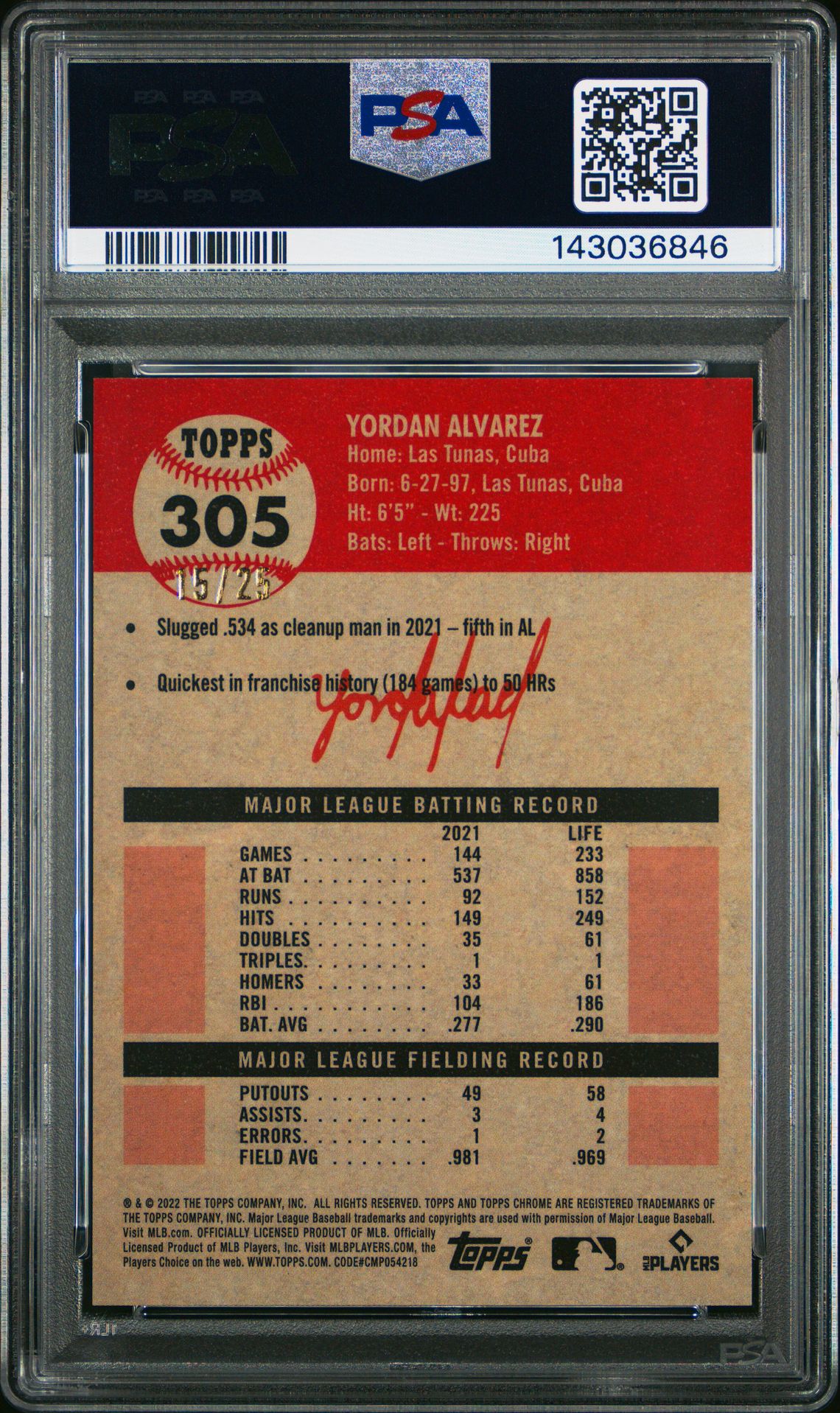 2022 Topps Chrome Platinum Anniversary Yordan Alvarez #305 (Orange Wave Refractor) Mint 9 back