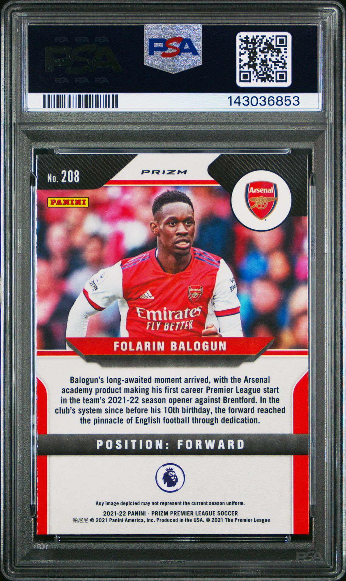 2021 Panini Prizm Premier League Folarin Balogun #208 (Silver Prizm) Gem Mt 10 back
