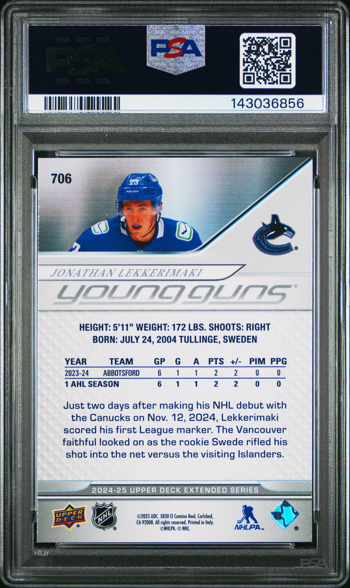 2024 Upper Deck Jonathan Lekkerimaki #706 Gem Mt 10 back