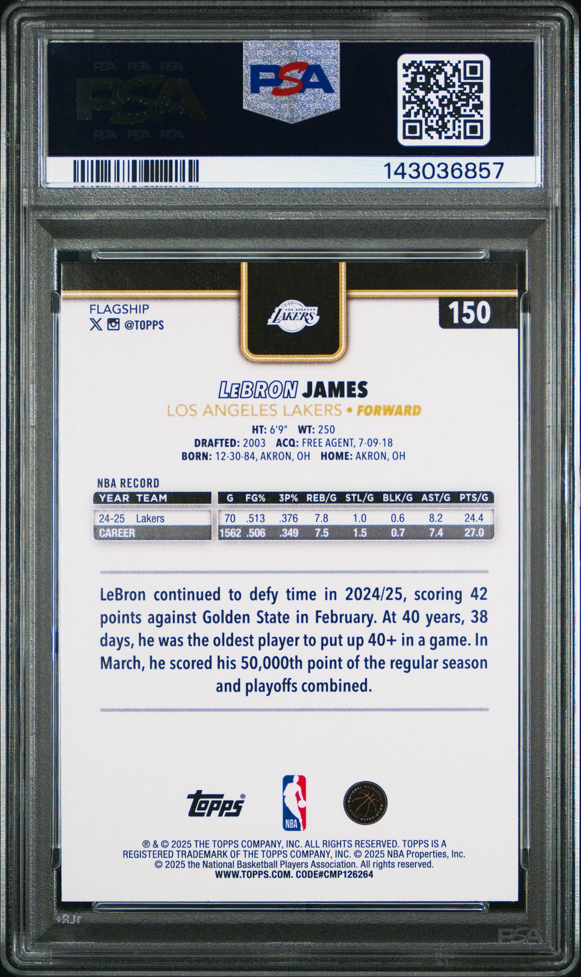 2025 Topps Lebron James #150 (Blackout) Gem Mt 10 back