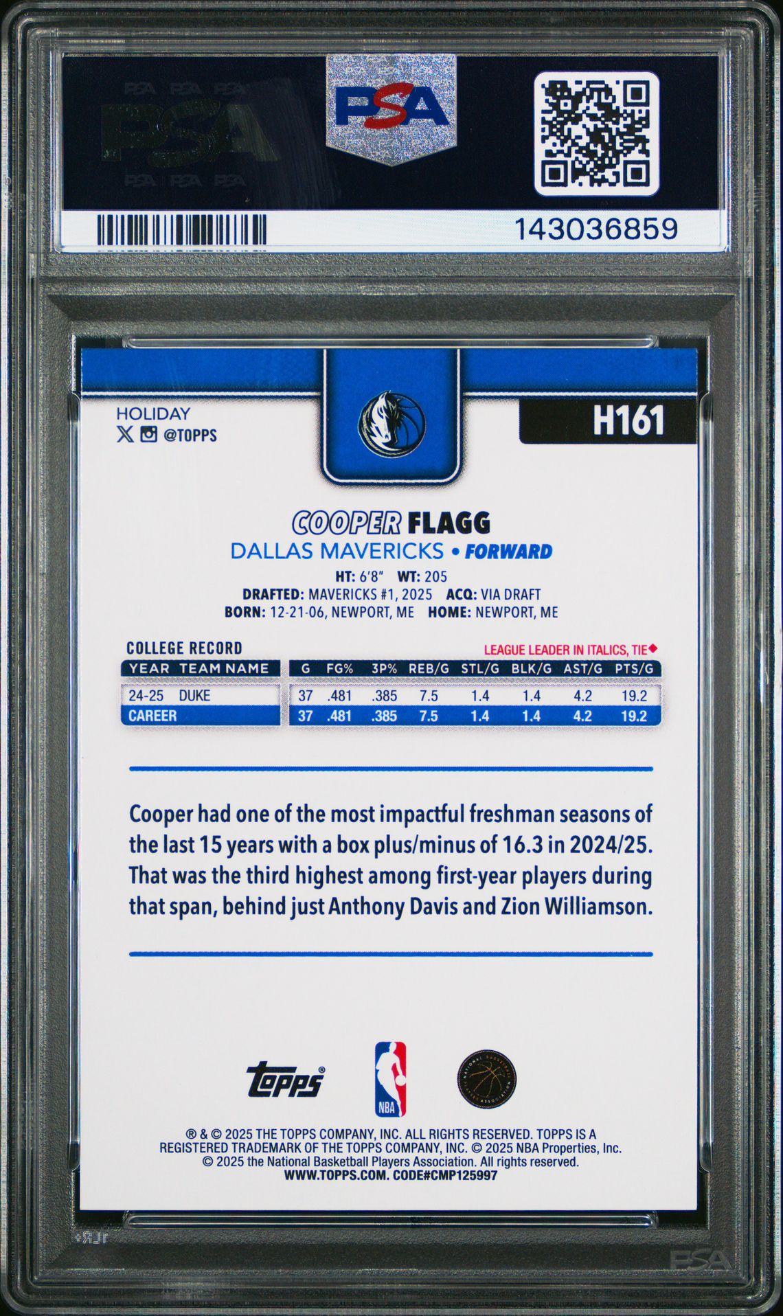 2025 Topps Holiday Cooper Flagg #H161 (Holiday Plaid) Mint 9 back