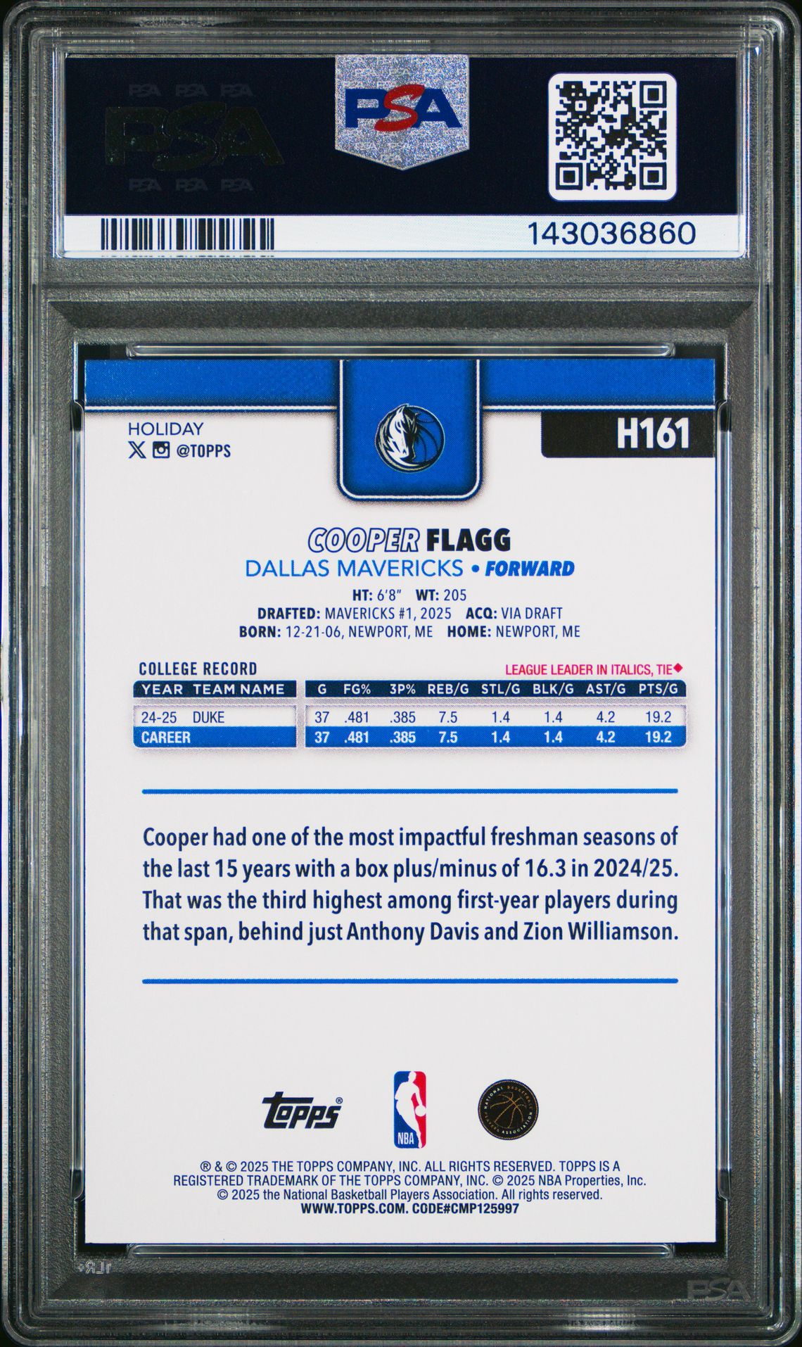 2025 Topps Holiday Cooper Flagg #H161 Mint 9 back