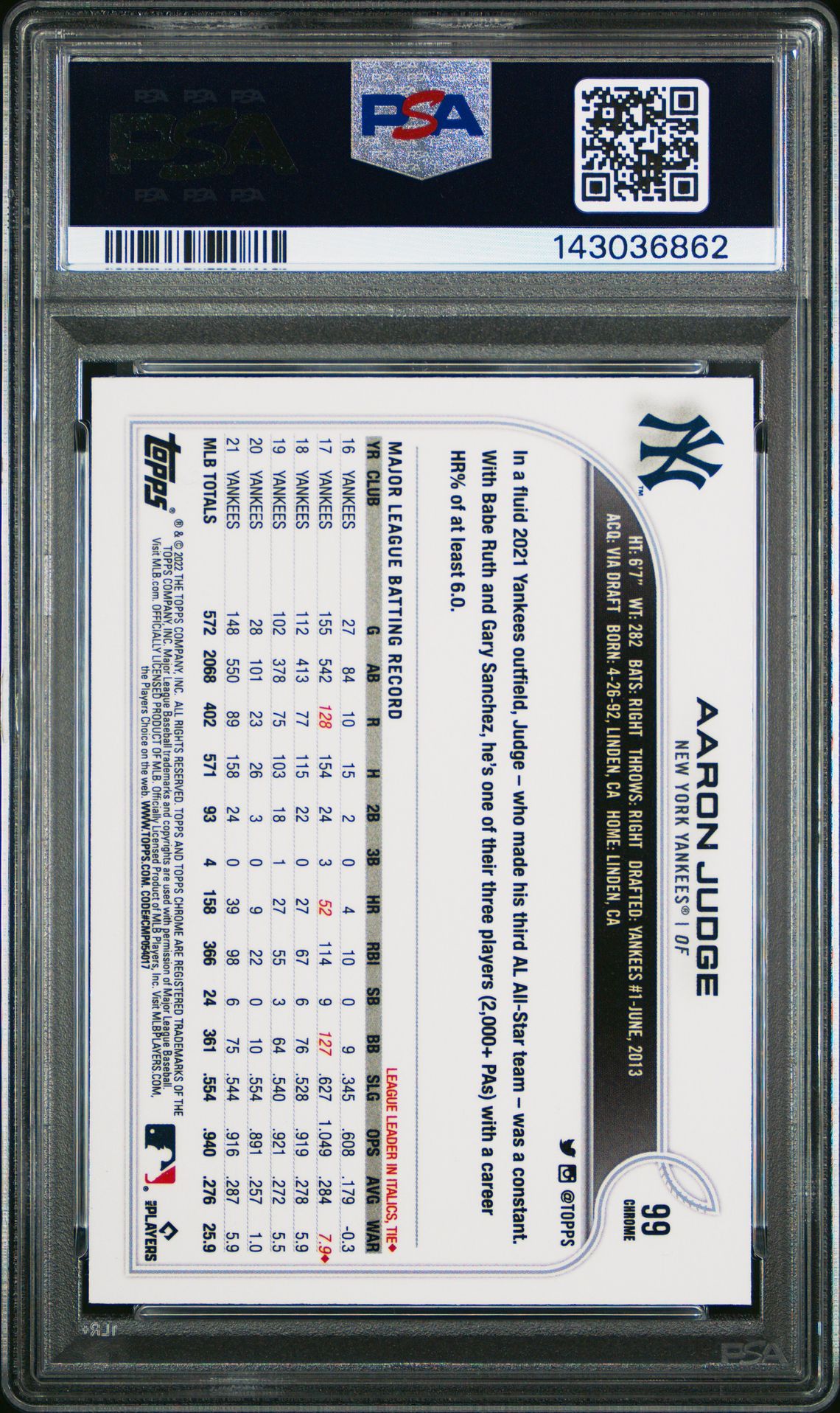 2022 Topps Chrome Aaron Judge #99 (Sp) Gem Mt 10 back