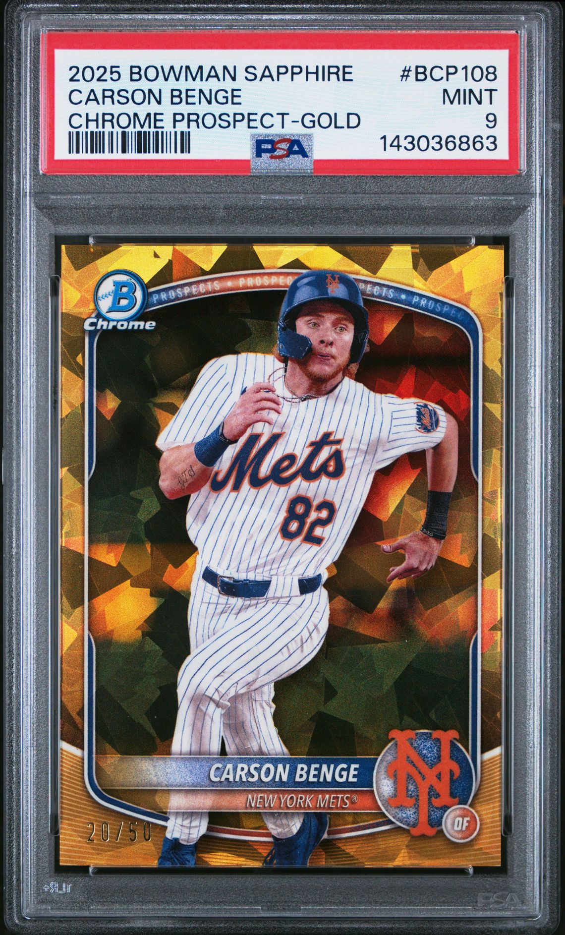 2025 Bowman Sapphire Edition Chrome Prospects Carson Benge #Bcp108 (Chrome Prospect-Gold) Mint 9 front