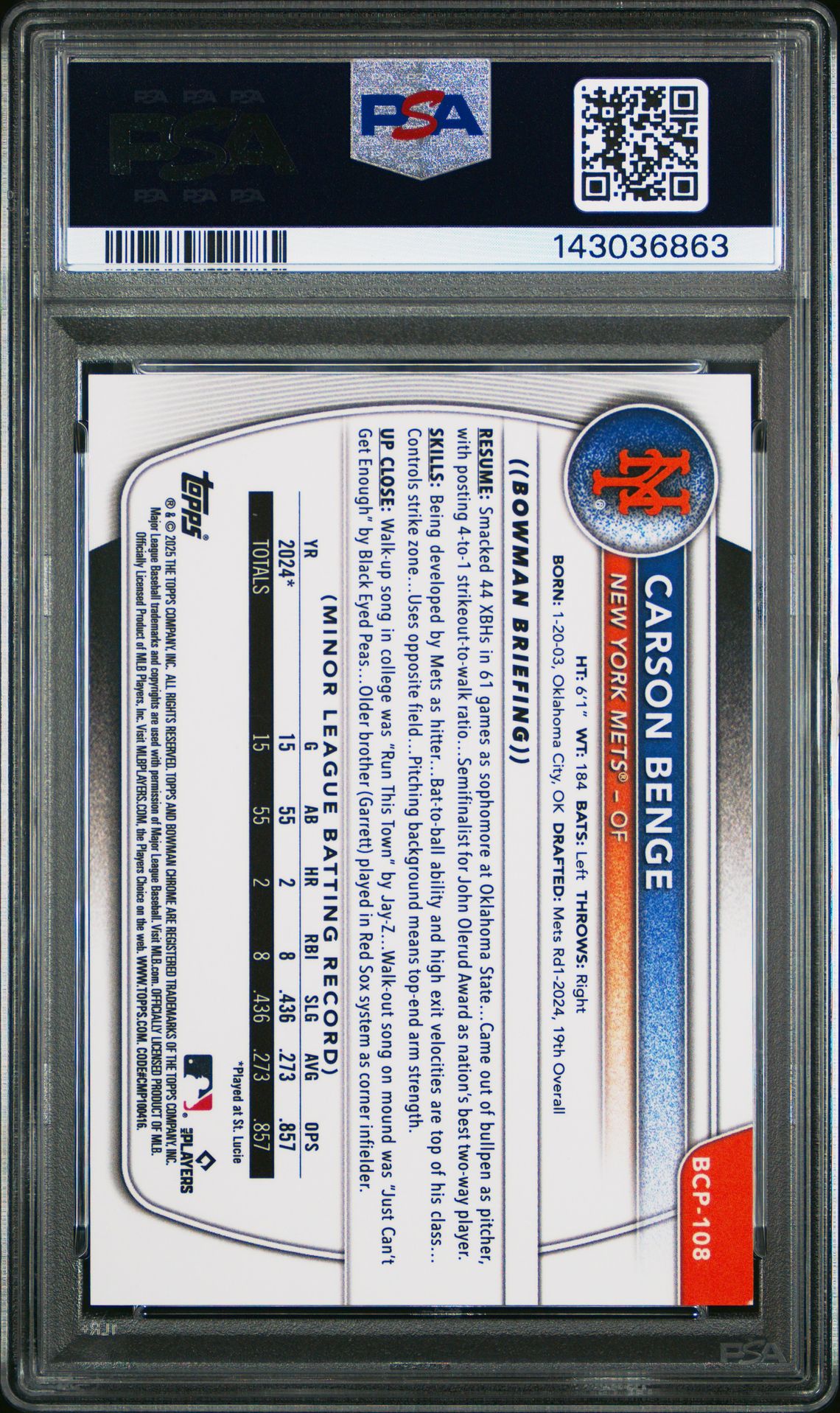 2025 Bowman Sapphire Edition Chrome Prospects Carson Benge #Bcp108 (Chrome Prospect-Gold) Mint 9 back