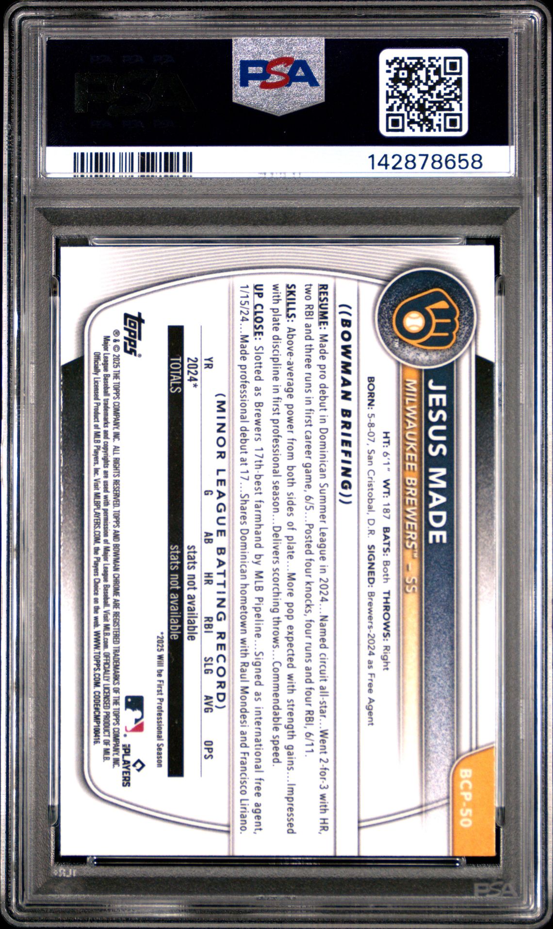 2025 Bowman Chrome Prospects Jesus Made #Bcp50 (Chrome Pros-Reptilian Ref) Mint 9 back
