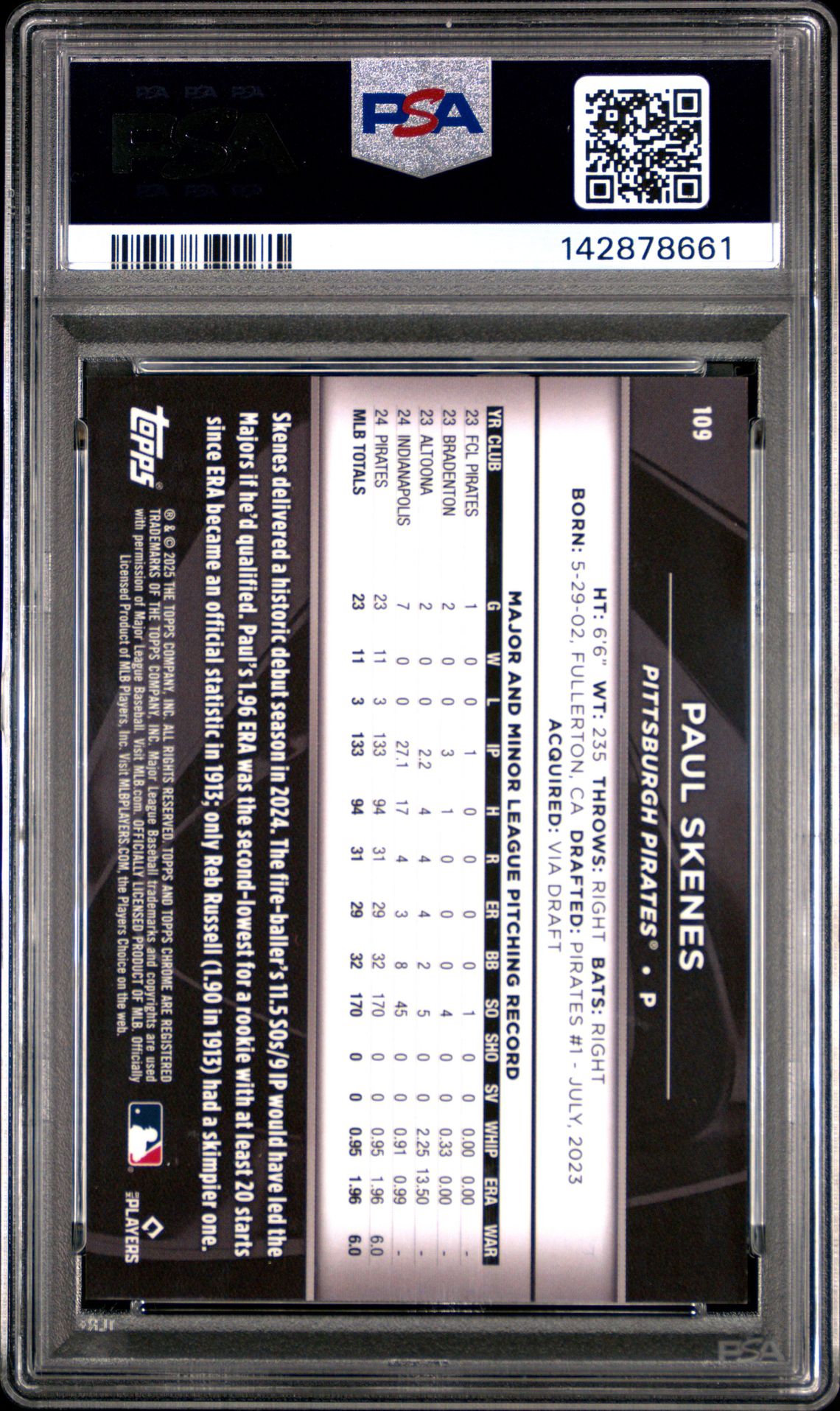 2025 Topps Chrome Black Paul Skenes #109 (Blue Refractor) Mint 9 back