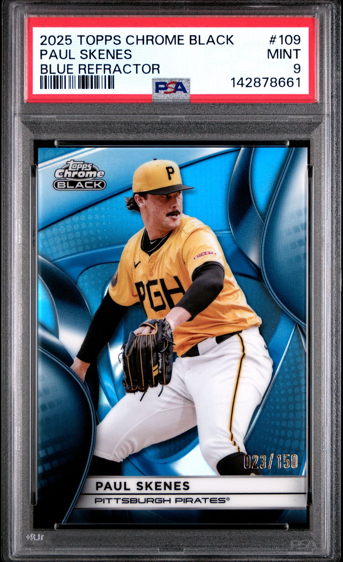 2025 Topps Chrome Black Paul Skenes #109 (Blue Refractor) Mint 9 front