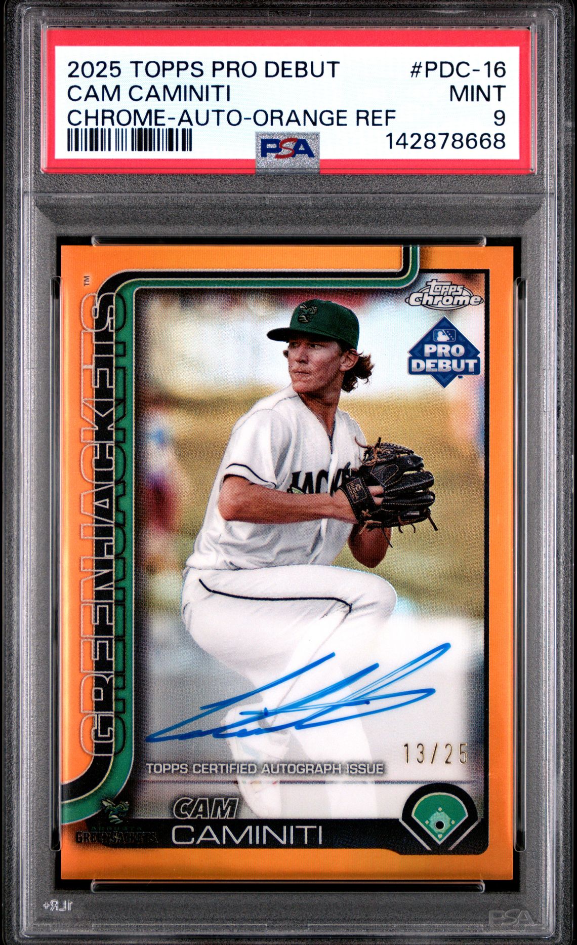 2025 Topps Pro Debut Cam Caminiti #16 (Chrome-Auto-Orange Ref) Mint 9 front