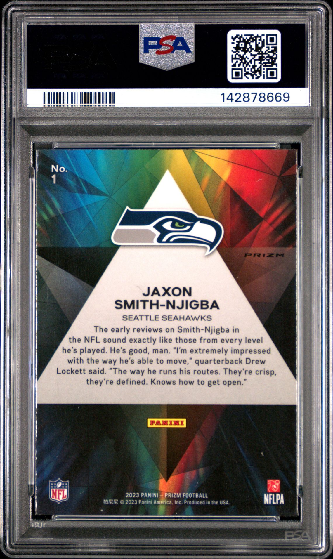 2023 Panini Prizm Prizmatic Jaxon Smith-Njigba #1 (Prizmatic-No Huddle) Mint 9 back