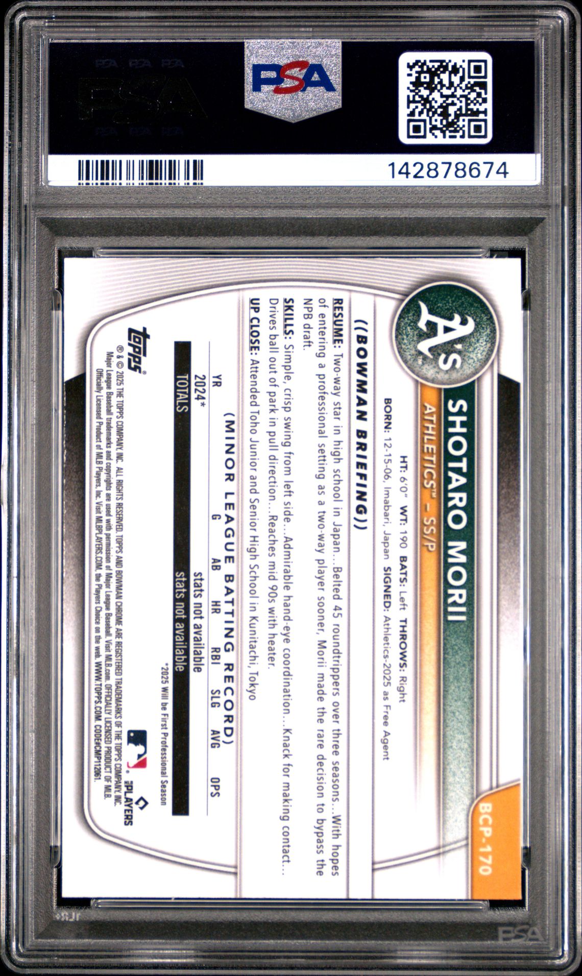 2025 Bowman Chrome Prospects Shotaro Morii #Bcp170 (Prospects-Laser Refractor) Mint 9 back