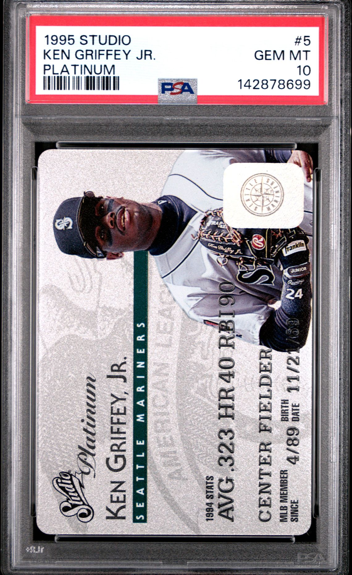 1995 Studio Ken Griffey Jr. #5 (Platinum) Gem Mt 10 front