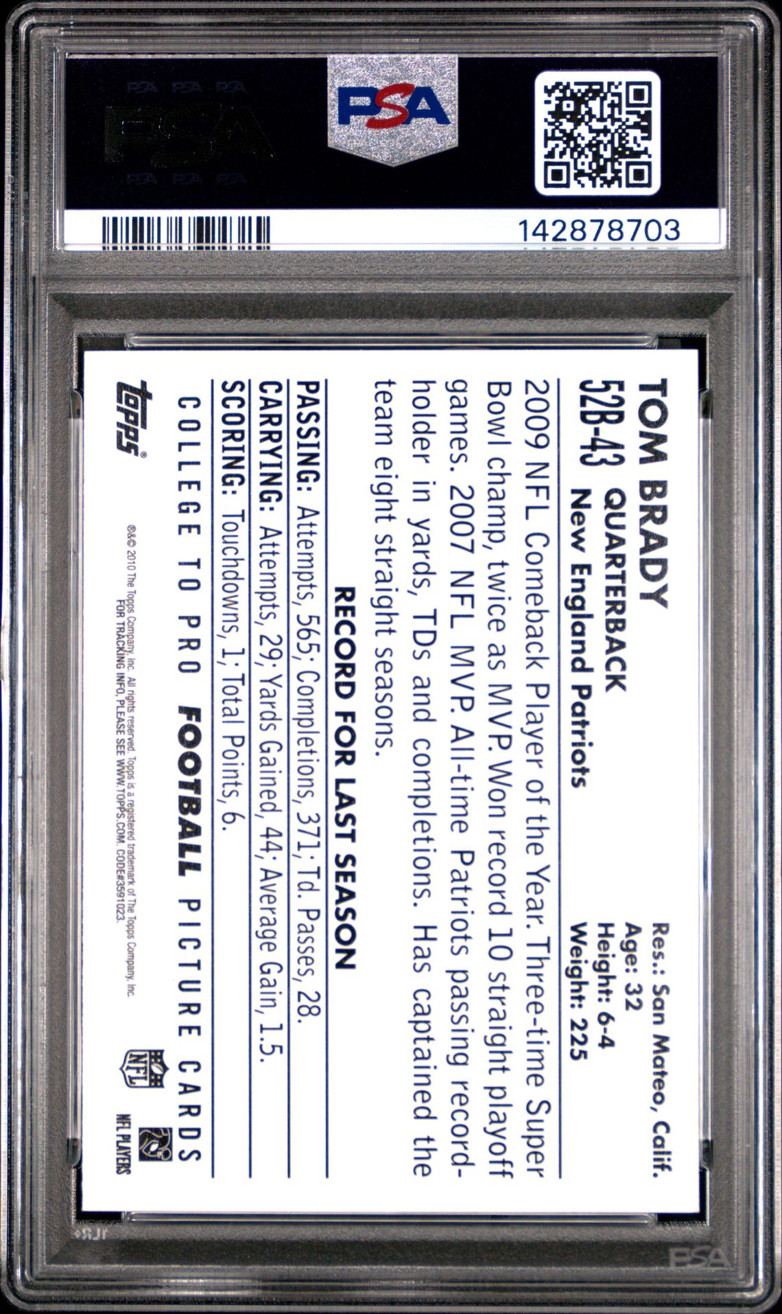 2010 Topps 1952 Bowman Tom Brady #52B-43 (1952 Bowman) Gem Mt 10 back