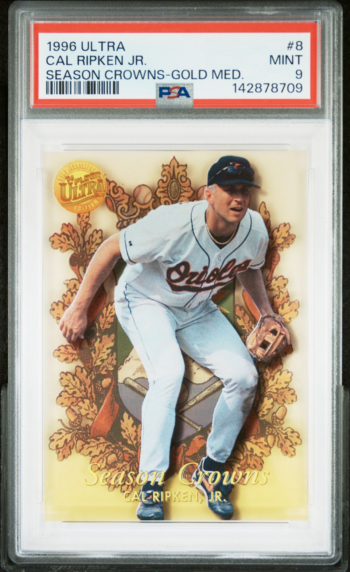 1996 Ultra Season Crowns Cal Ripken Jr. #8 (Season Crowns-Gold Med.) Mint 9 front