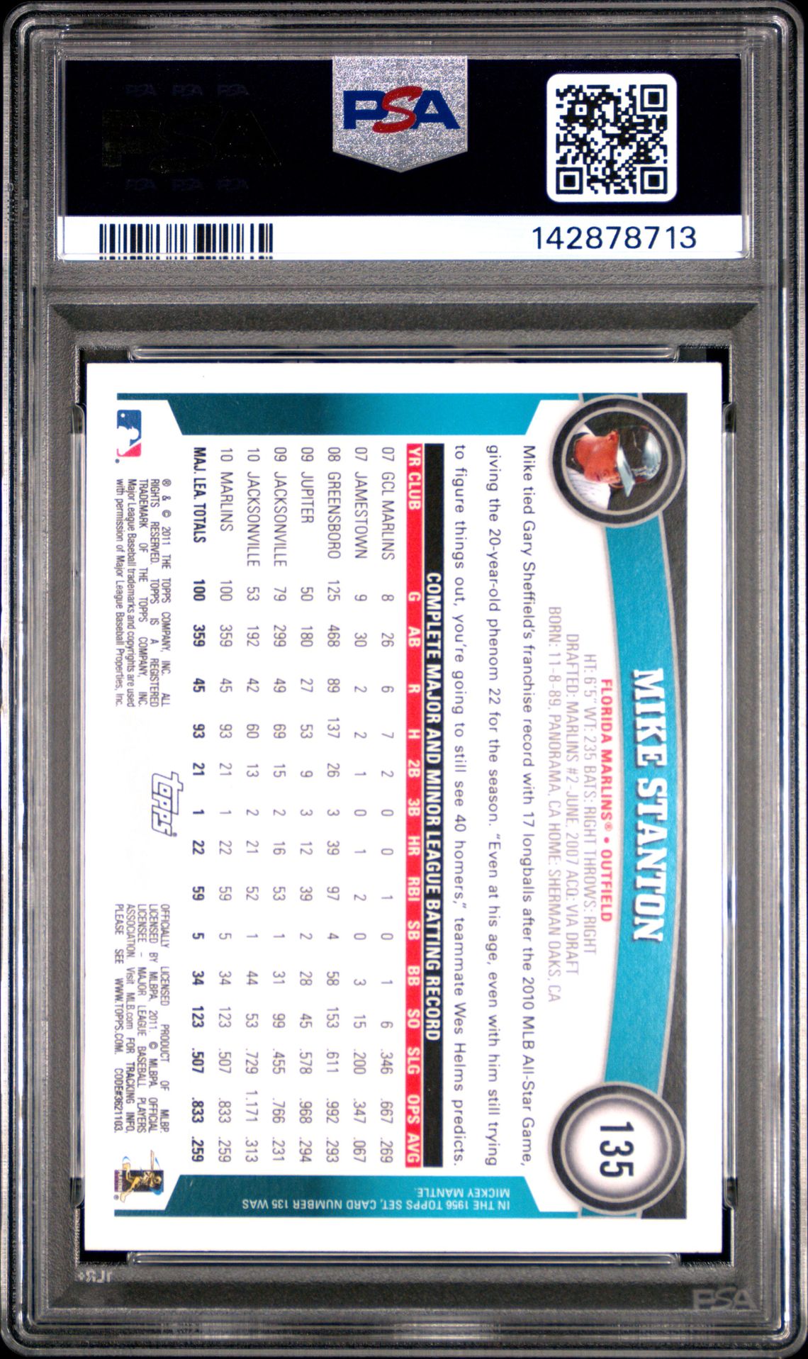 2011 Topps Mike Stanton #135 (Cognac Diamond Anniv.) Mint 9 back