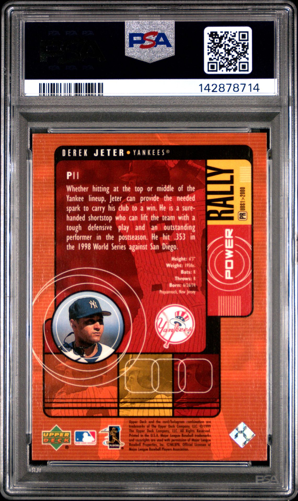 2000 Upper Deck Power Rally Derek Jeter #P11 (Power Rally) Gem Mt 10 back