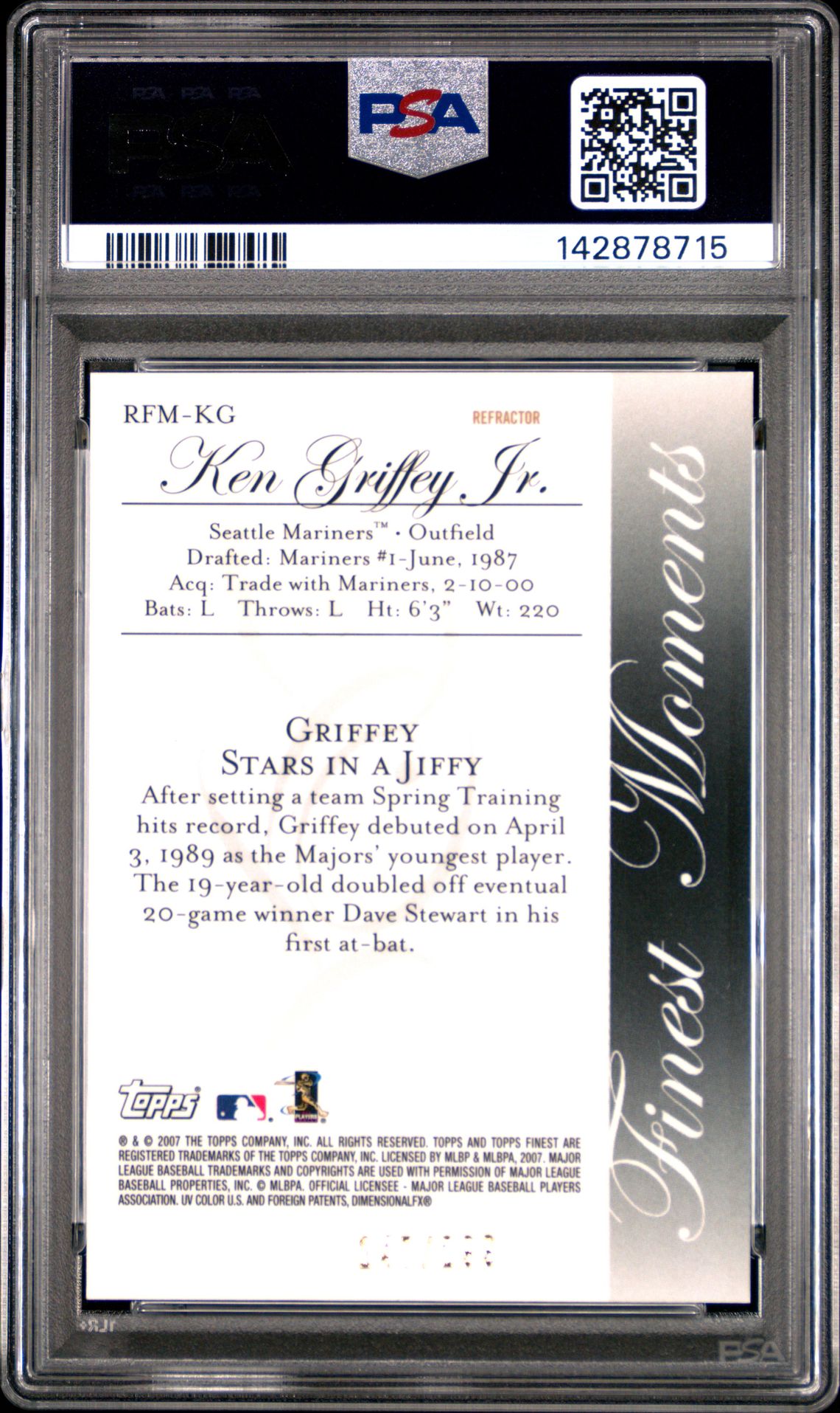 2007 Finest Rookie Finest Moments Ken Griffey Jr. #Rfmkg (Finest Moments-Blue Ref.) Mint 9 back