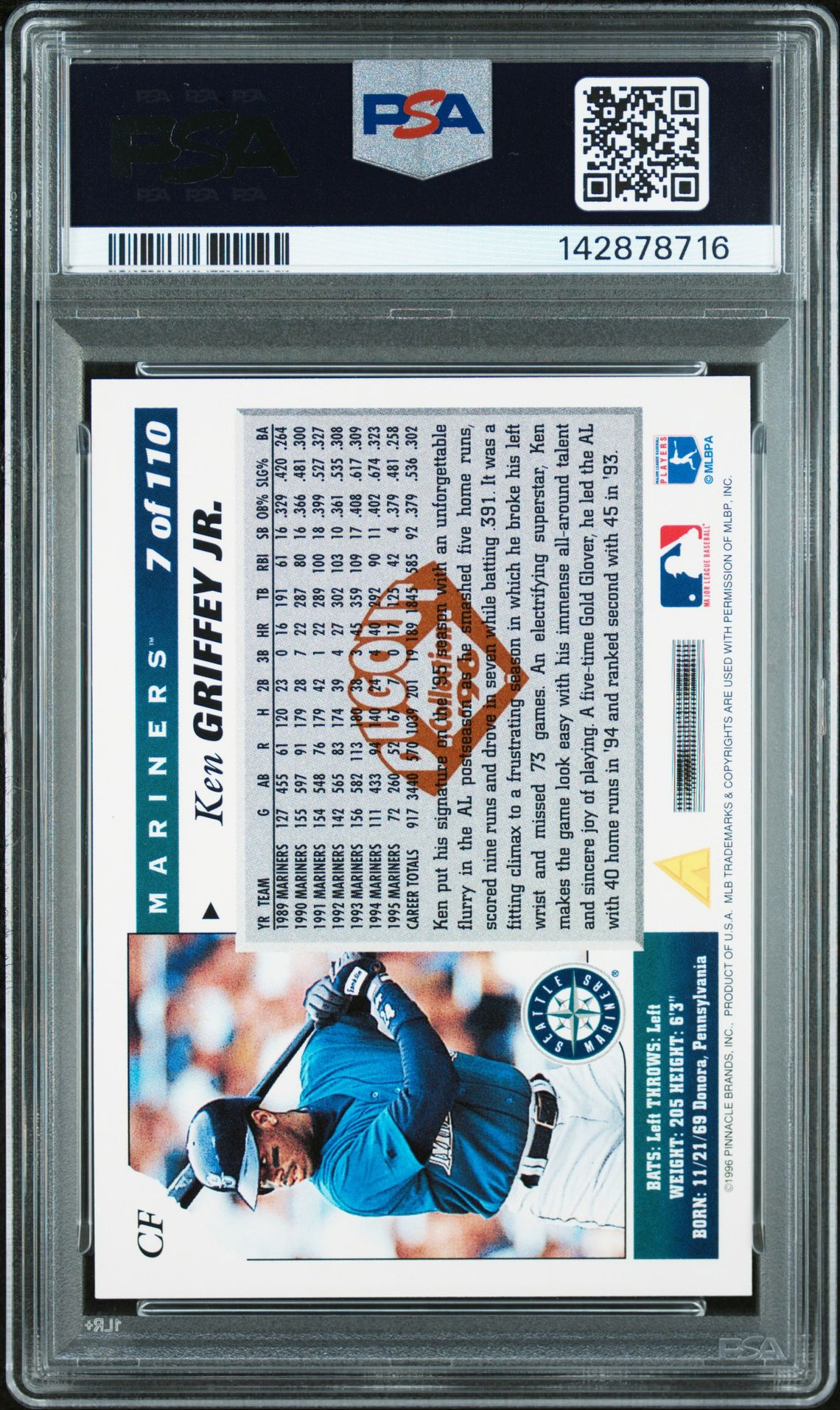 1996 Score Dugout Collection Ken Griffey Jr. #7 (Series 2-Artist's Proof) Mint 9 back